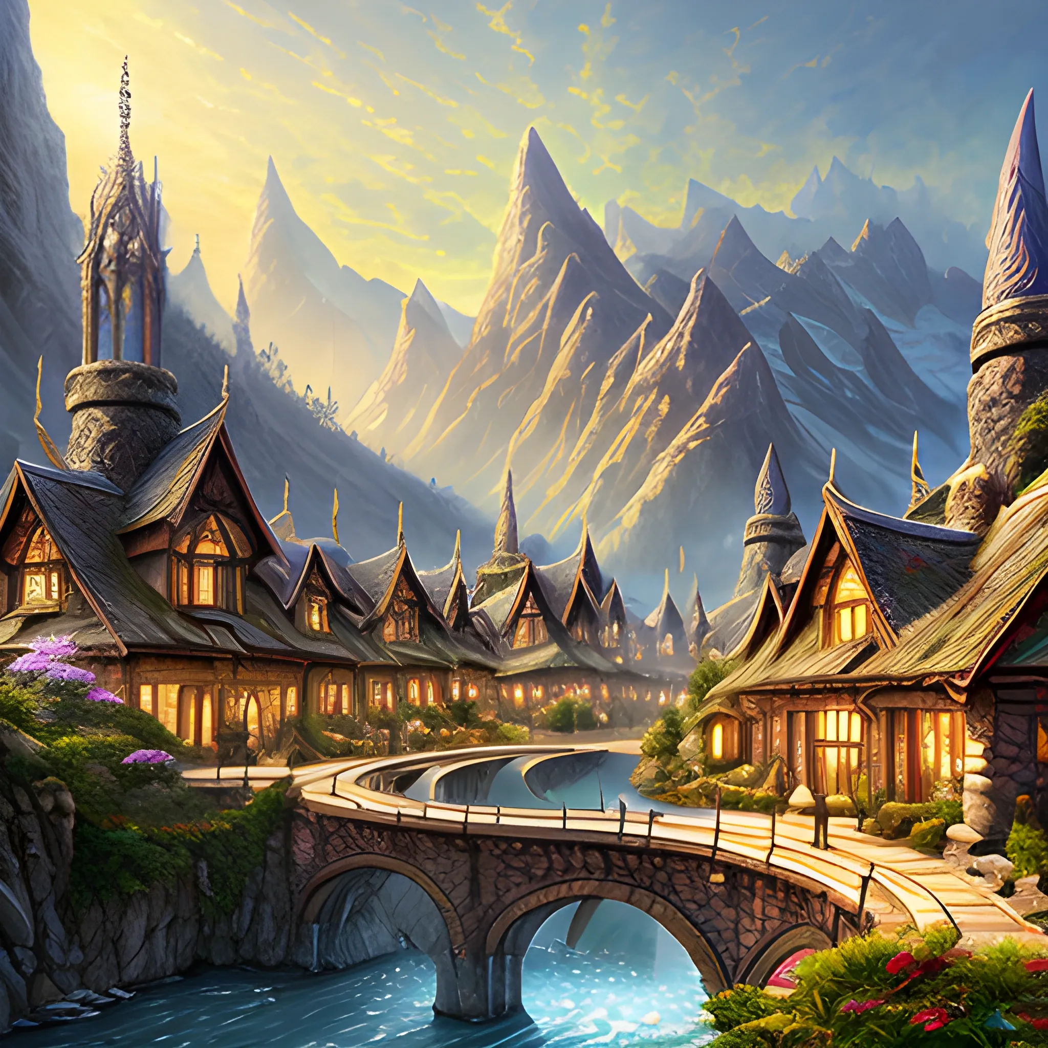 elven city in the mountains, elegant, sunny, impressive, high-detail, digital art, Oil Painting