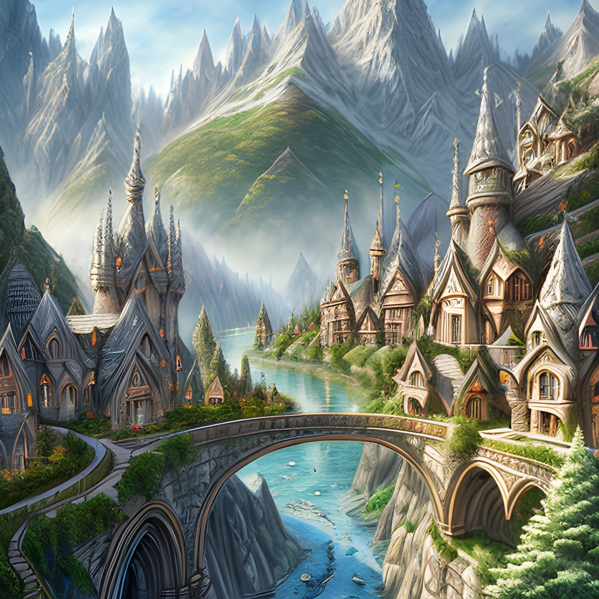 elven city in the mountains, elegant, sunny, impressive, high-detail, digital art, Oil Painting, Pencil Sketch, Cartoon, Water Color, 3D