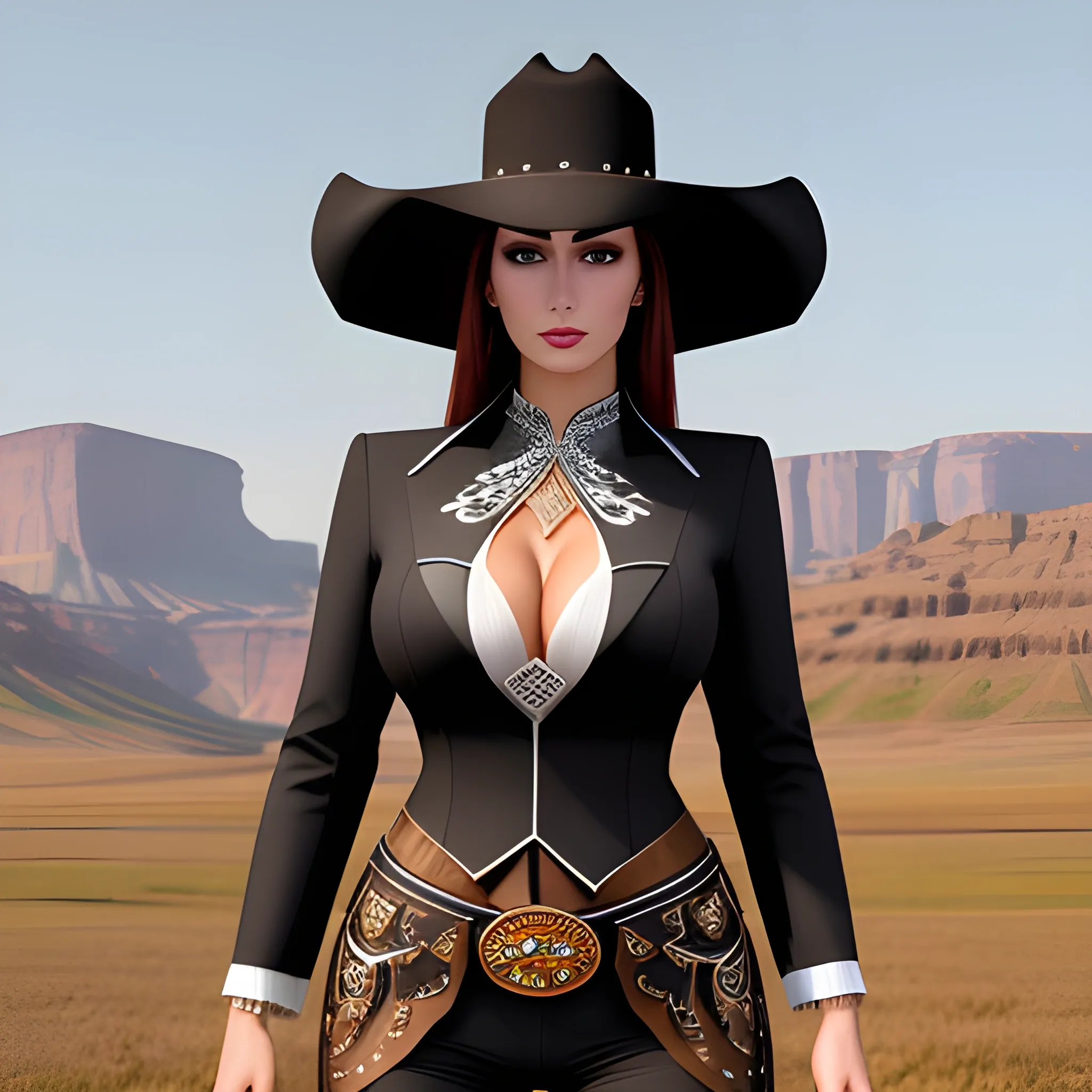 A beautiful western cowgirl, exquisite clothing and accessories, full body shot, professional photography, 3D