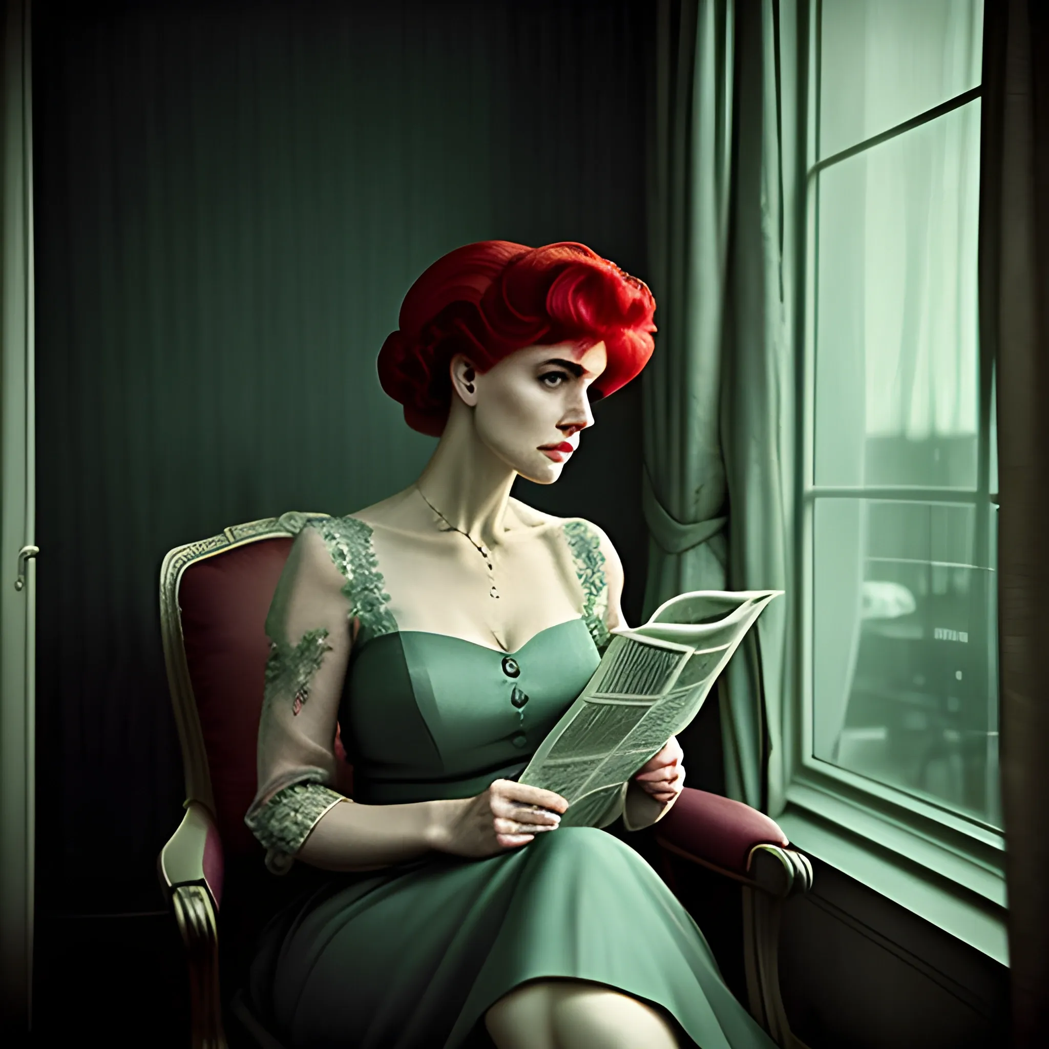 Portrait of a young woman sitting by a window reading a French newspaper, Cinematic Photography, desaturated colors with vivid hues, eerie atmosphere, vintage aesthetic, inspired by Roger Deakins