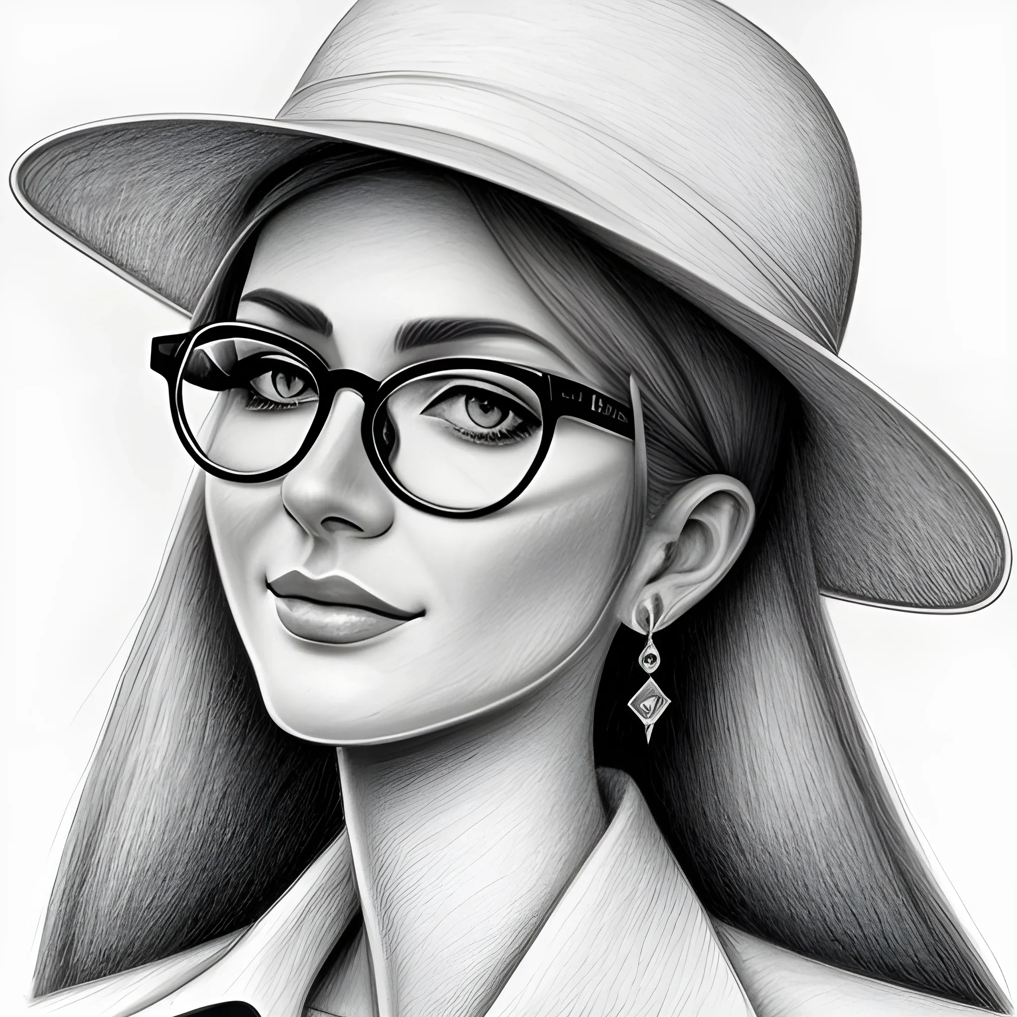 Beautiful woman with white hat and glasses, pencil drawing, high detail, high definition, Cartoon