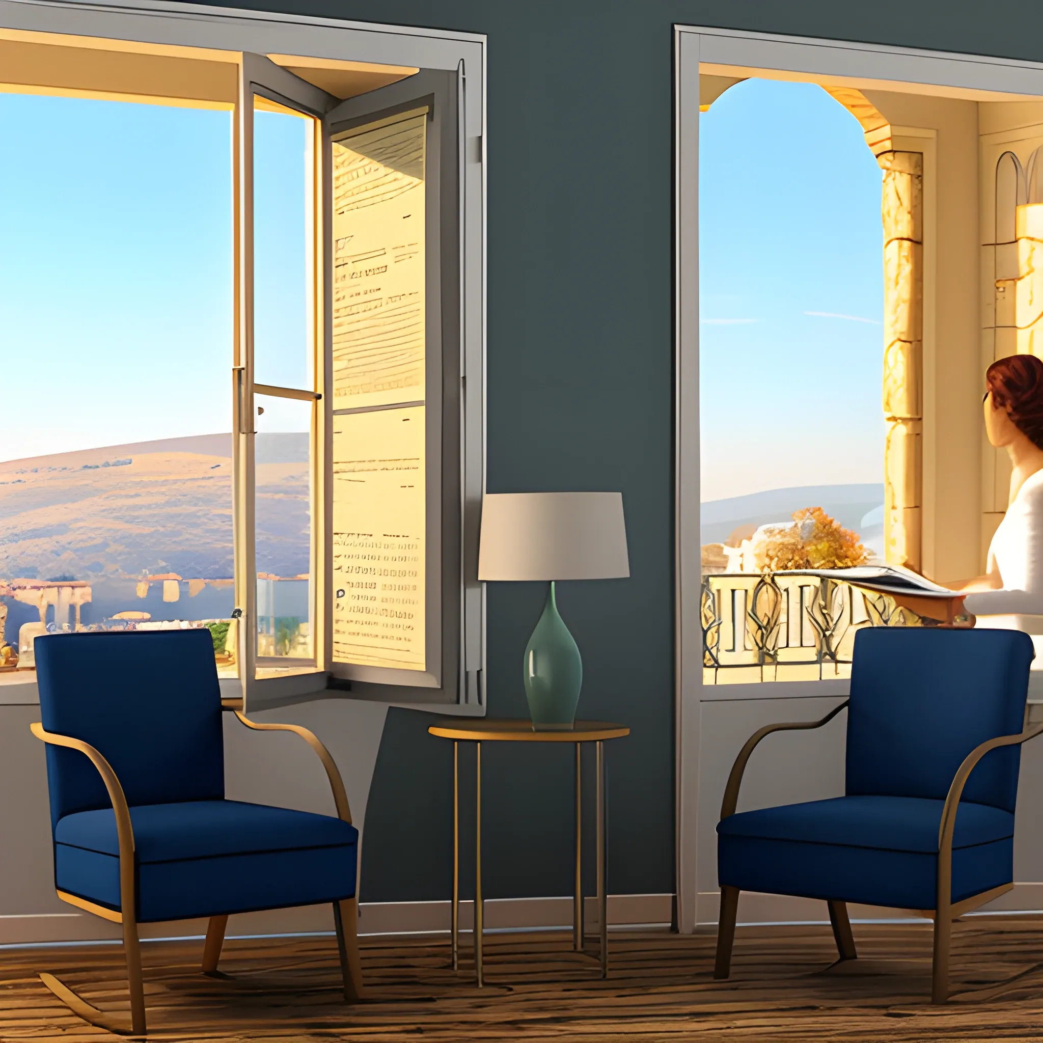 two young women are in front of a window, the one  sits in an armchair and reads a Greek newspaper, the other stands upright and looks out of the window, 3D