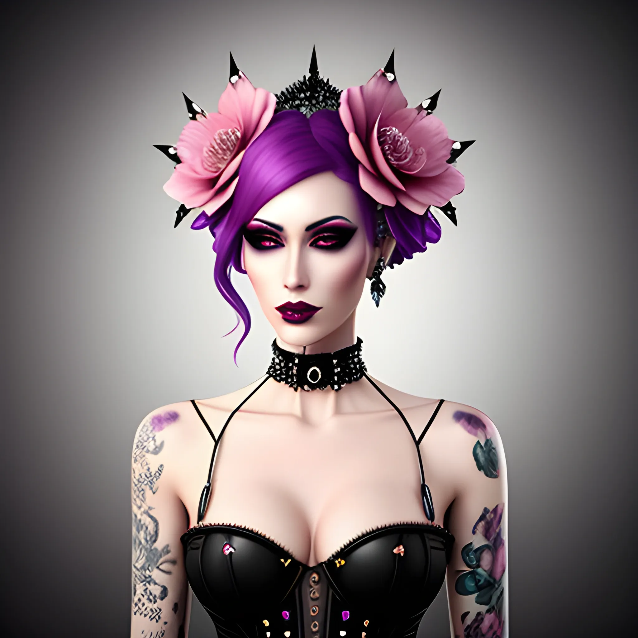 Portrait of a beautiful girl in bloom, mysterious and elegant floral punk fashion, 3D