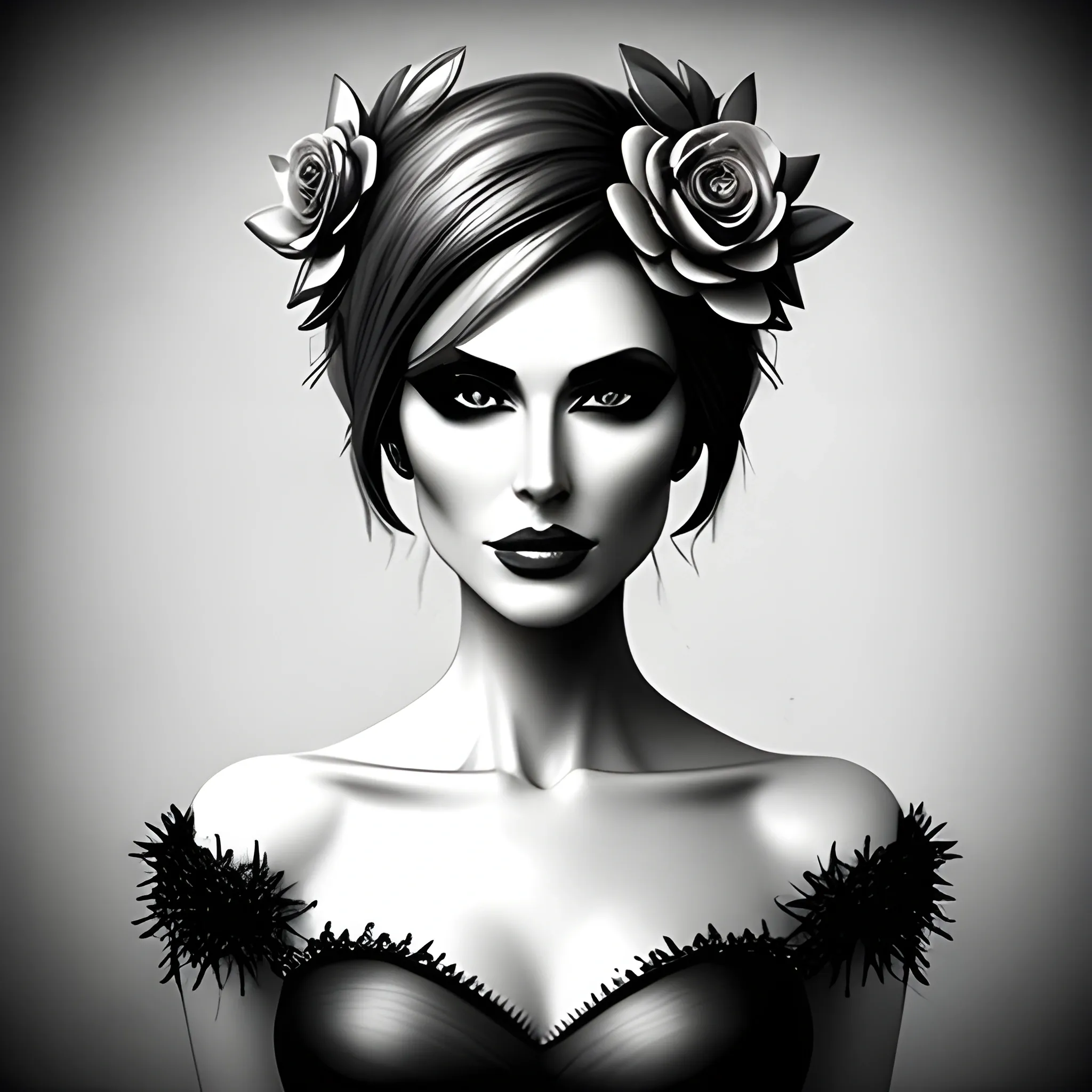 Portrait of a beautiful girl in bloom, mysterious and elegant floral punk fashion, 3D, Pencil Sketch