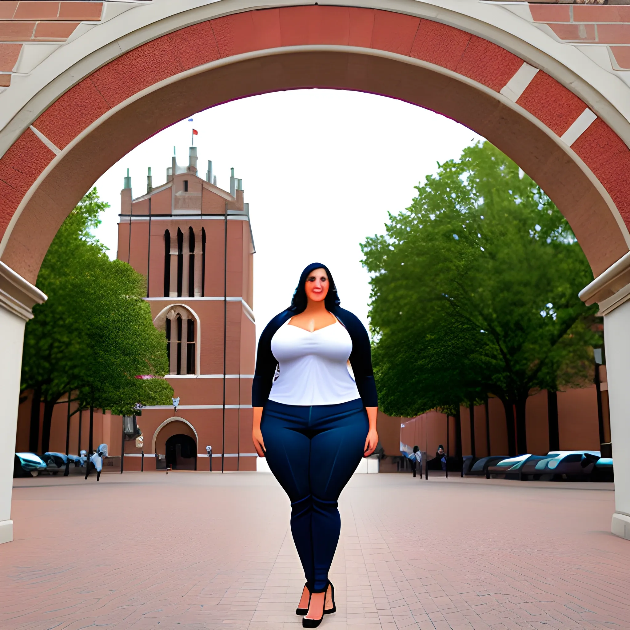 huge and very tall friendly latina plus size girl with small head and broad shoulders on busy schoolyard towerring among other students and teachers