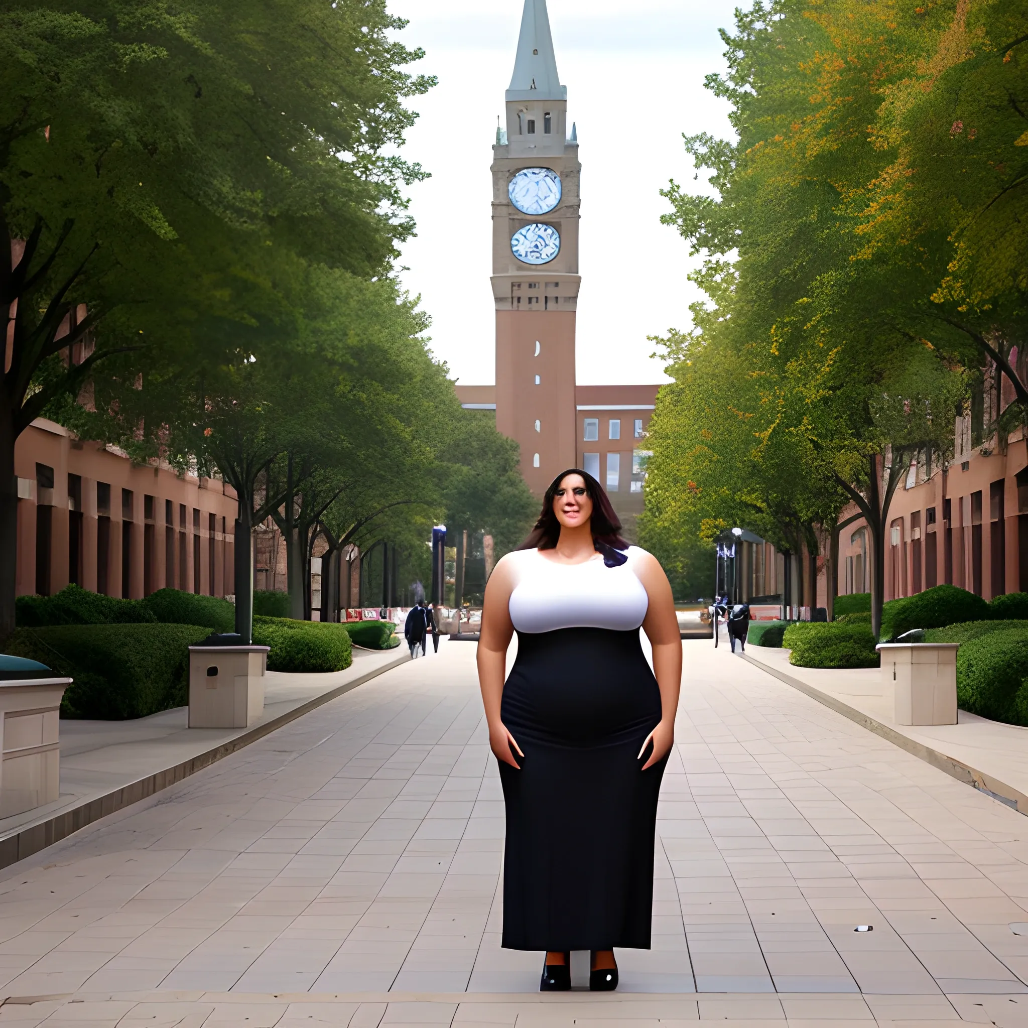 huge and very tall friendly latina plus size girl with small head and broad shoulders on busy schoolyard towerring among other students and teachers