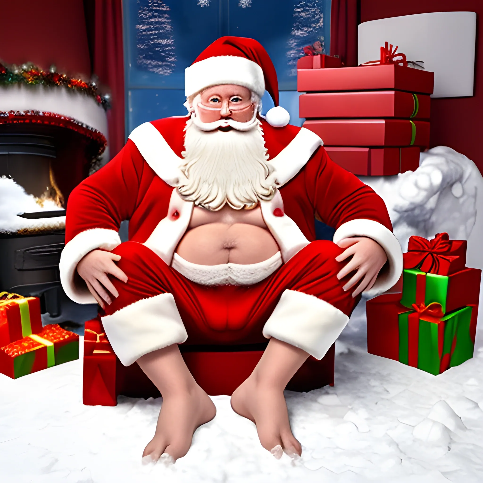 Santa in his underwear sitting on a horny rein Santa Claus naked and in underwear sitting on a horny rein pulling a sleigh full of gifts wrapped in toilet paper in a snowy town