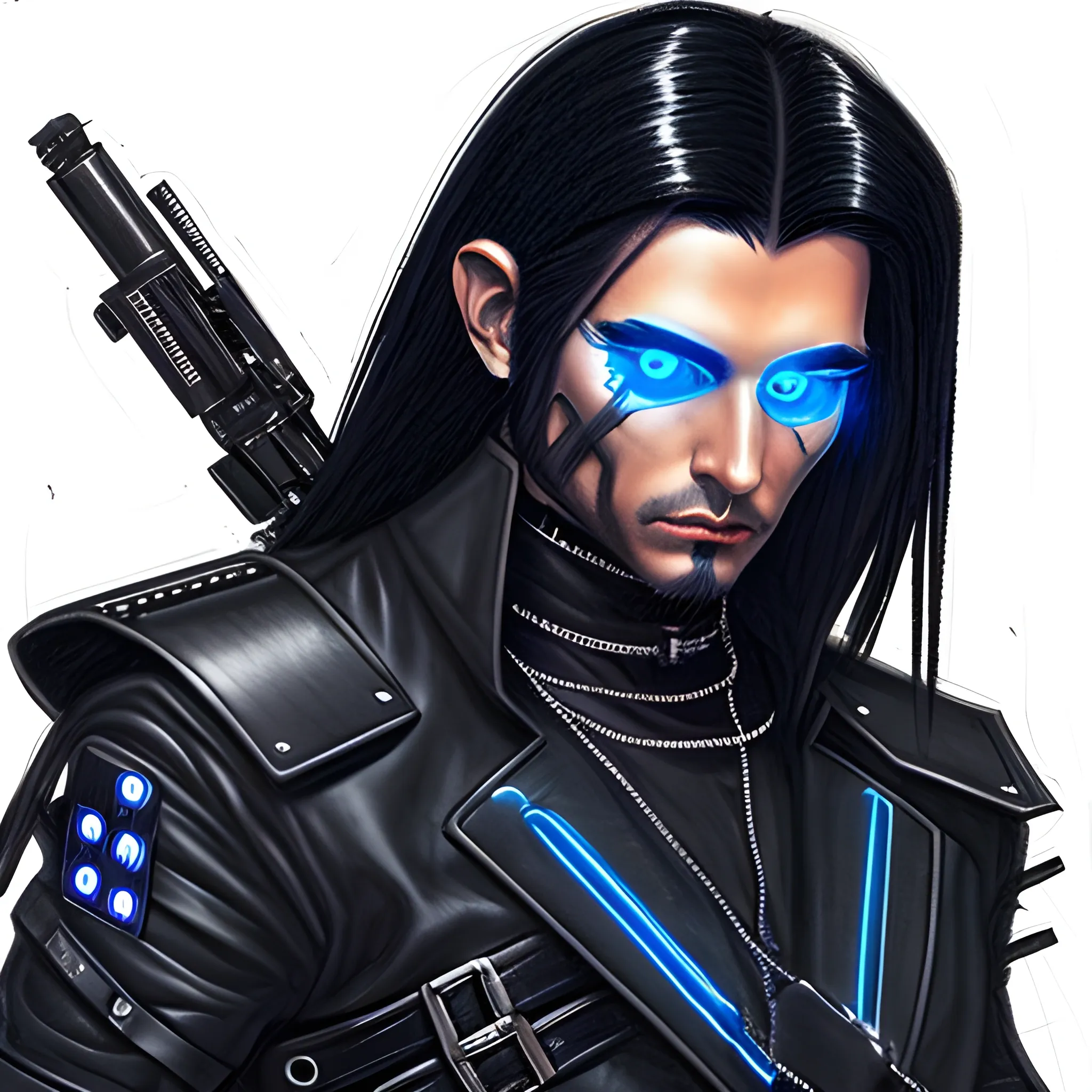 male, without beard, modified cyber merchant dressed in black and leather parts, with black leather shoulder pads and mini blue LEDs, with long messy black hair, of Eastern European origin, with two sci-fi guns, Trippy, Pencil Sketch