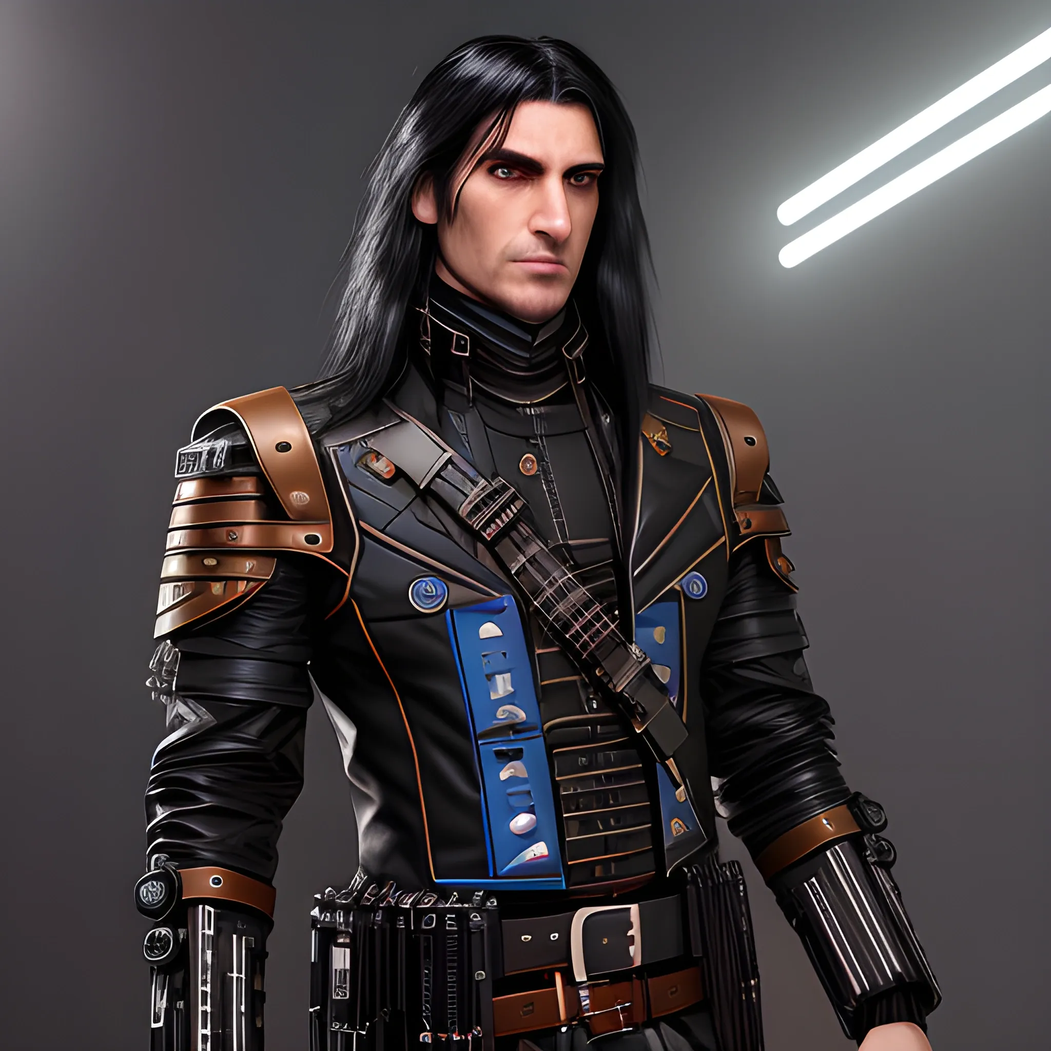 male, beardless, modified cybermerchant dressed in black and brown leather parts, with black leather shoulder pads and mini blue LEDs, with long messy black hair, of Eastern European origin, with two sci-fi pistols