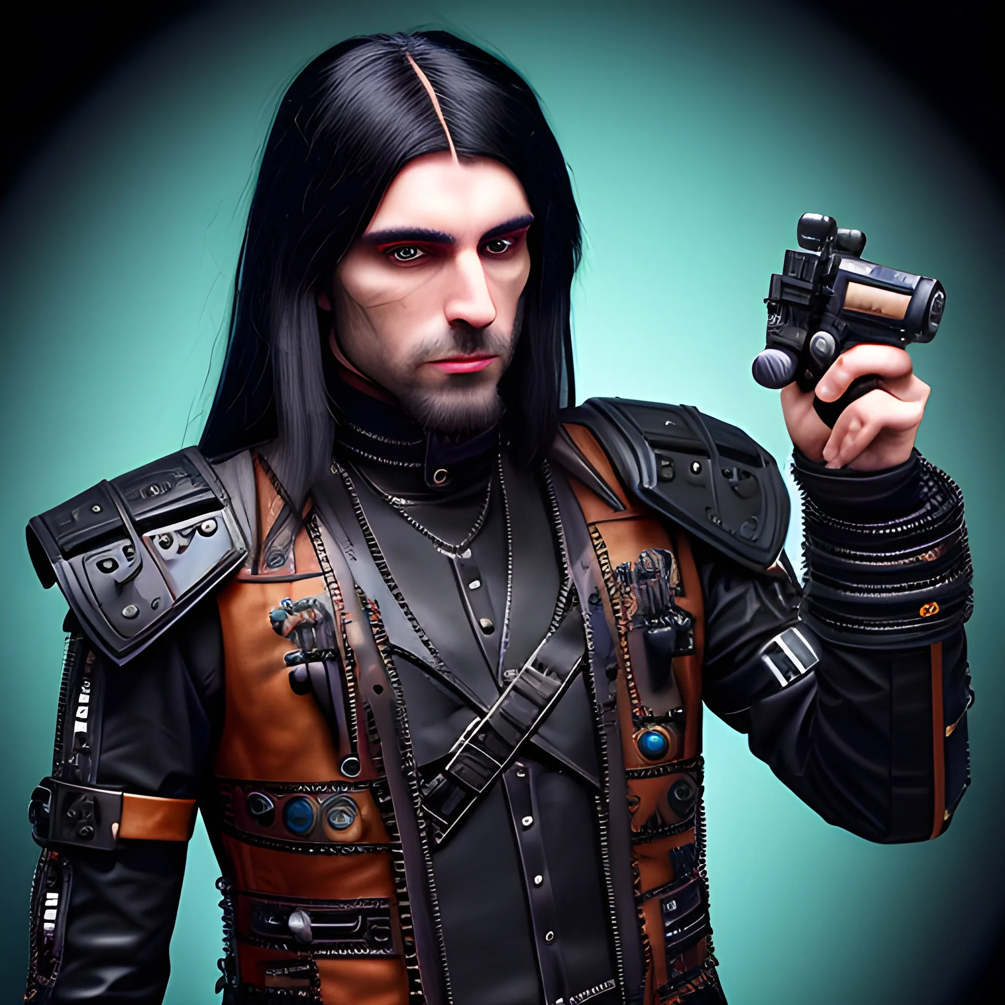 male, beardless, modified cybermerchant dressed in black and brown leather parts, with black leather shoulder pads and mini blue LEDs, with long messy black hair, of Eastern European origin, with two sci-fi pistols, Trippy, Trippy