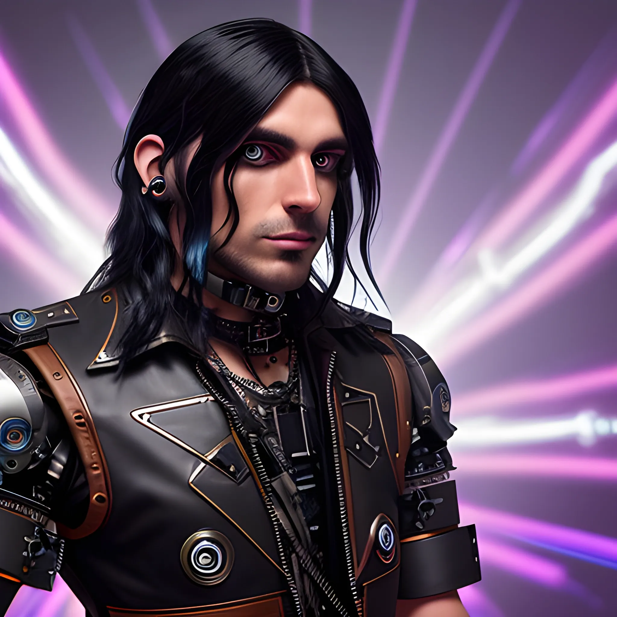 male, beardless, modified cybermerchant of Eastern European origin, dressed in black and brown leather parts, with black leather shoulder pads and mini blue LEDs, with long messy wavy black hair, with a robotic implant on his right ear , with two sci-fi guns, Trippy