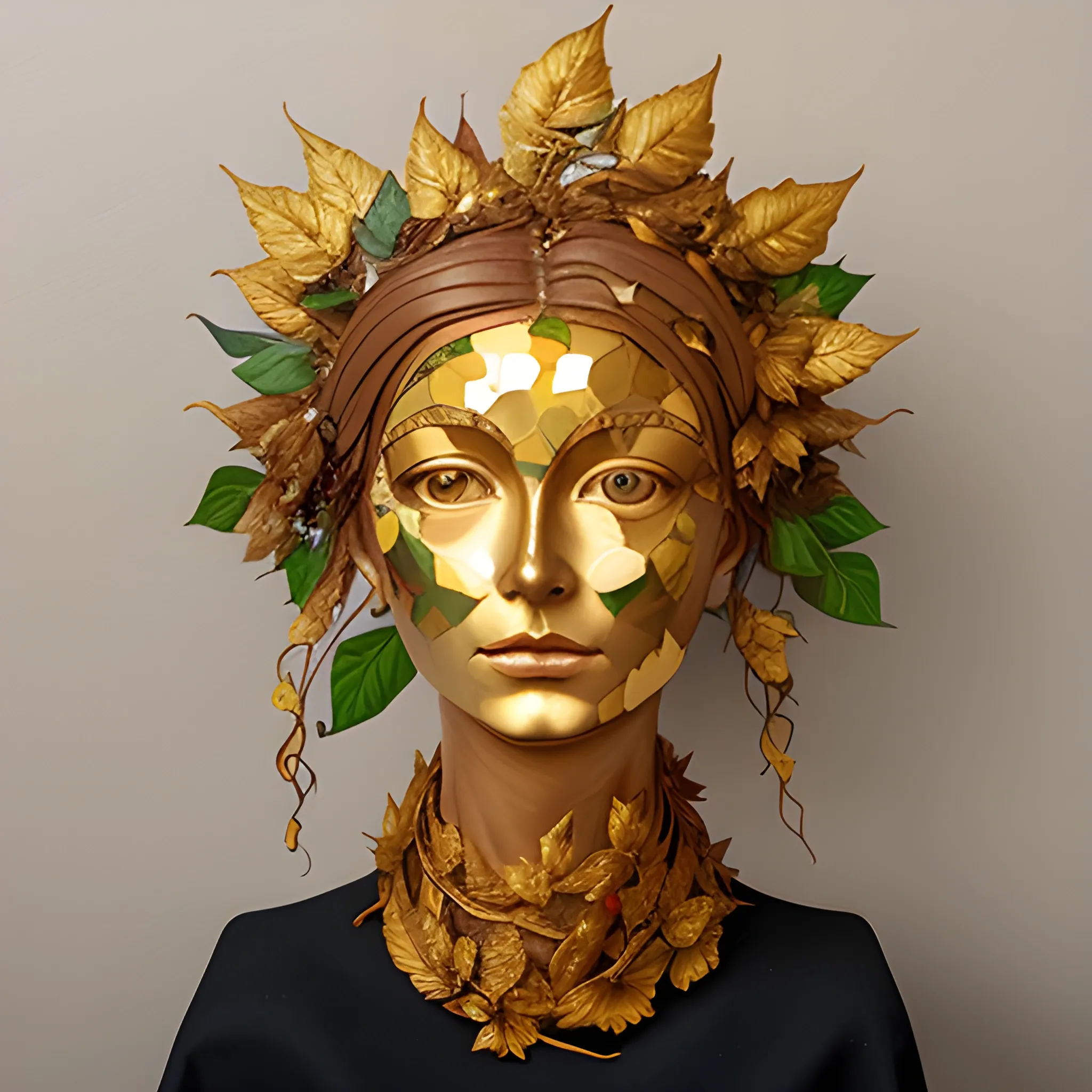 lady head sculpture with golden leaves and vines glued to her face