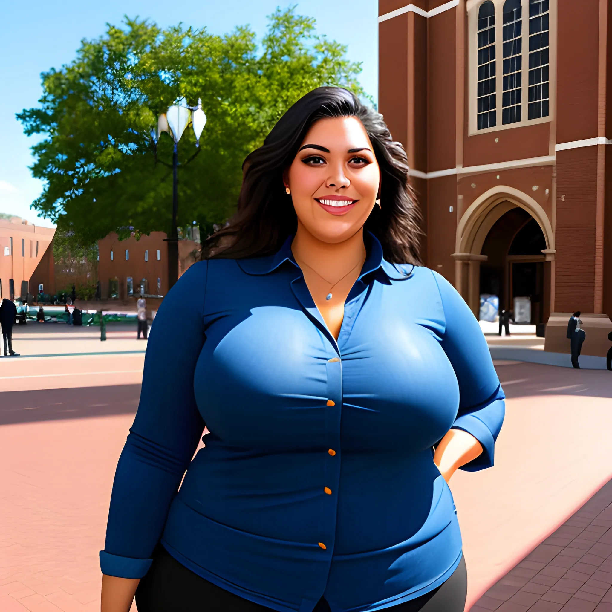 huge and very tall friendly latina plus size girl with small head and broad shoulders on busy schoolyard towerring among other students and teachers