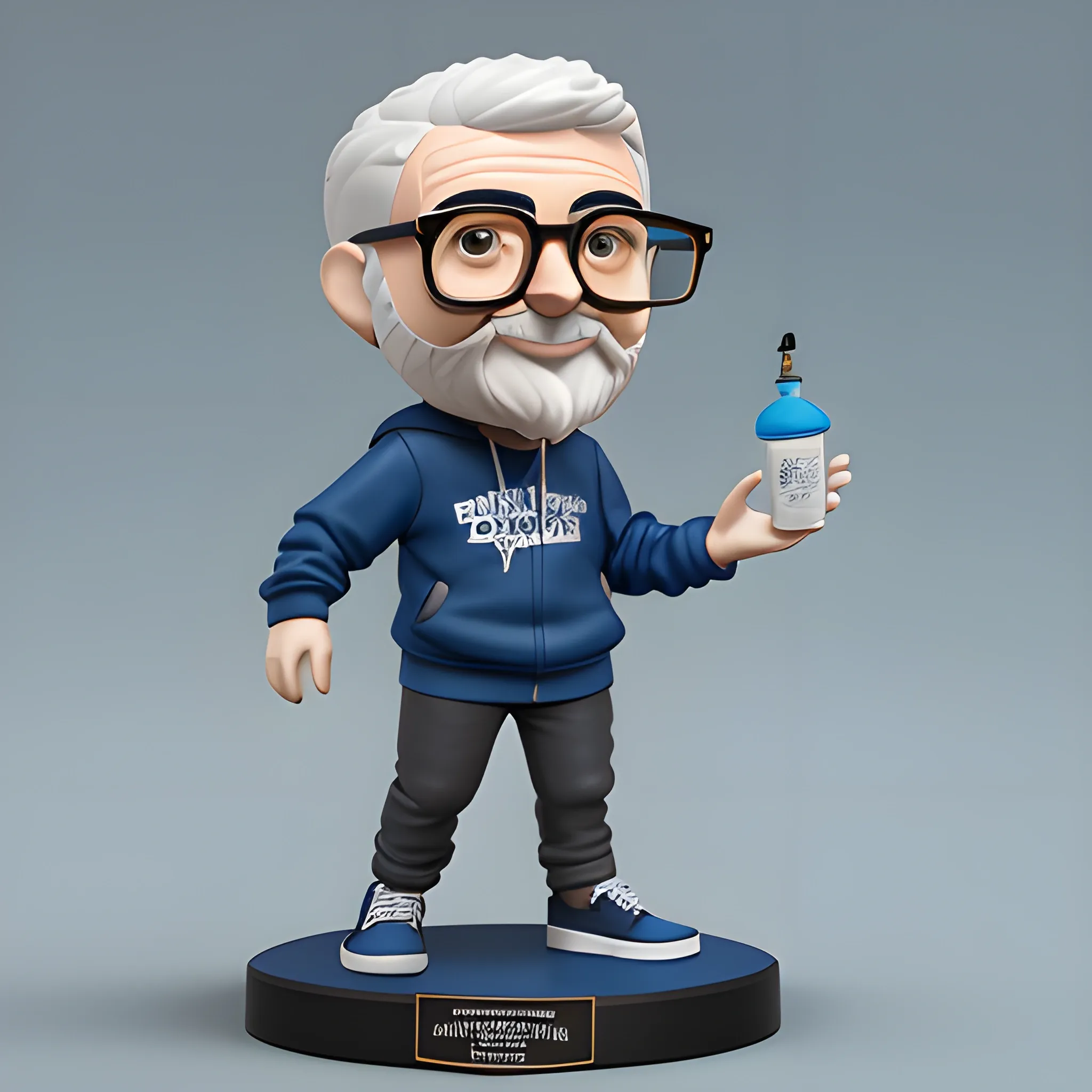 Funko figure of a male, smiling, called PROF SCHIUMA, wearing a DARK BLUE HOODIE, DARK BLUE jeans and BLUE NEW BALANCE shoes, very short gray shaved hair and beard, cerulean eyes, BIG NOSE, Ray-Ban gold aviator clean lenses glasses. The Funko is displayed inside and outside a limited edition blue and white Funko box with PROF SCHIUMA text, allowing visibility of the figure, typography, 3D render. white background