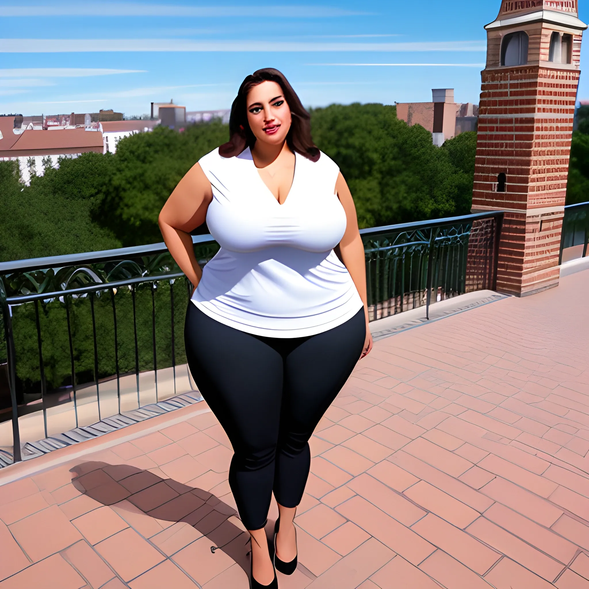 huge and very tall friendly latina plus size girl with small head and broad shoulders on busy schoolyard towerring among other students and teachers