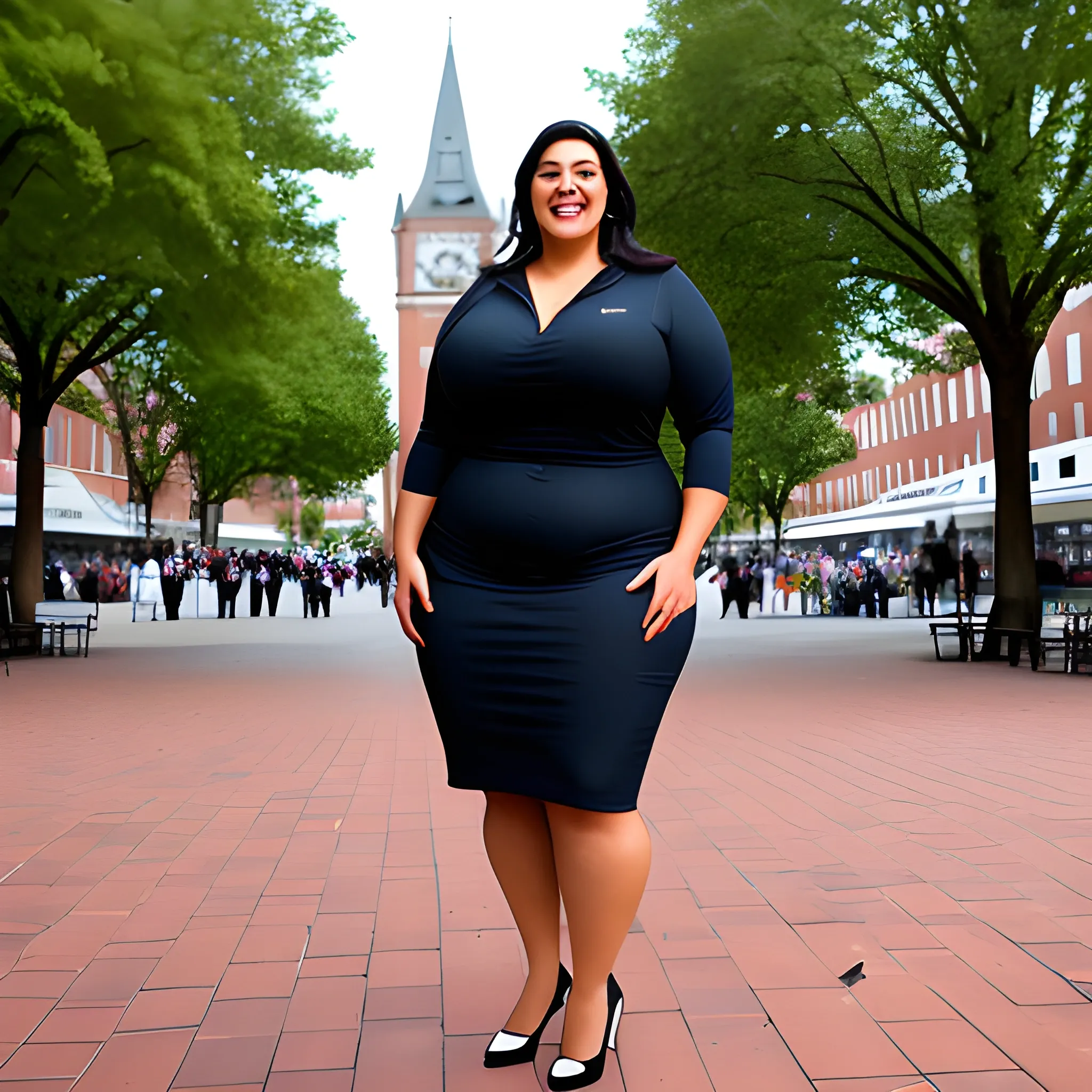 huge and very tall friendly latina plus size girl with small head and broad shoulders on busy schoolyard towerring among other students and teachers