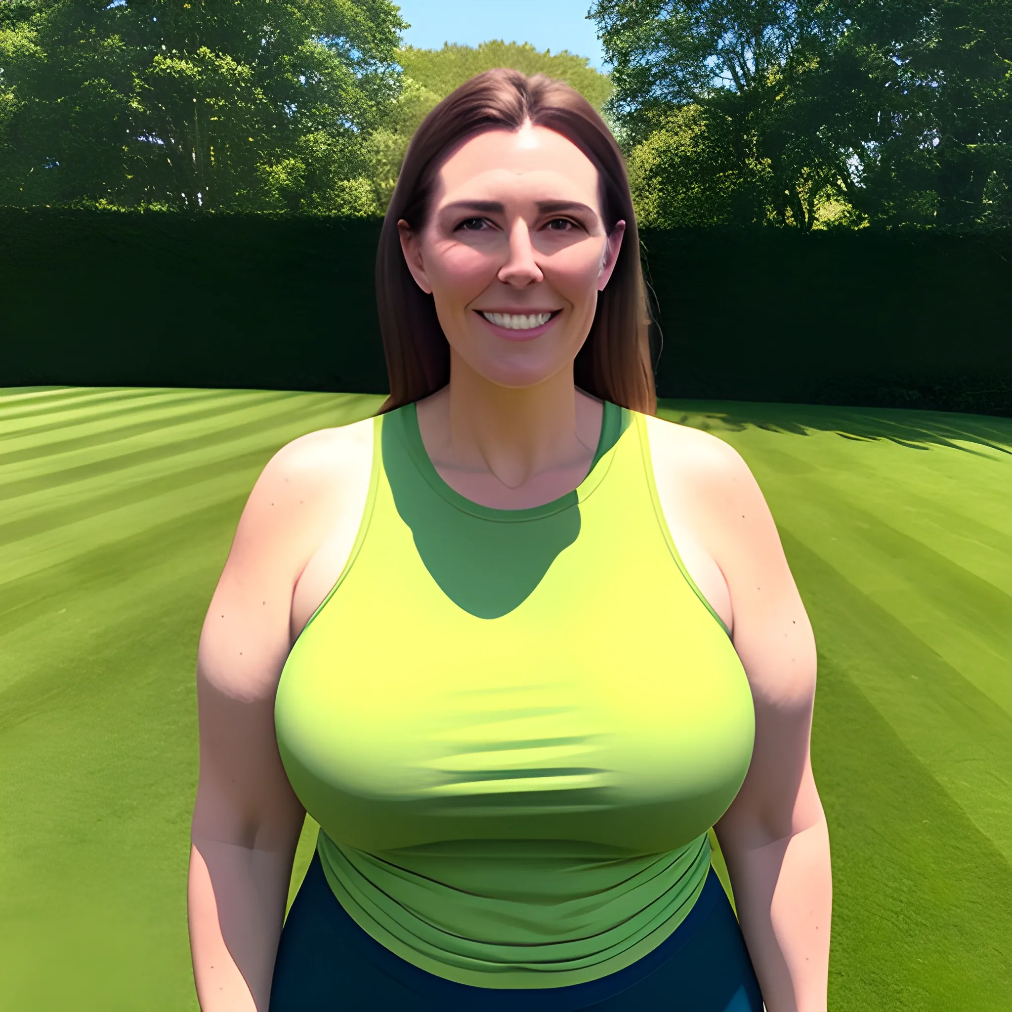 8 ft tall very big, massive and strong gently smiling young latina schoolgirl with small head, broad shoulders and lifted arms in T-shirt and shorts on a green lawn under the blue sky