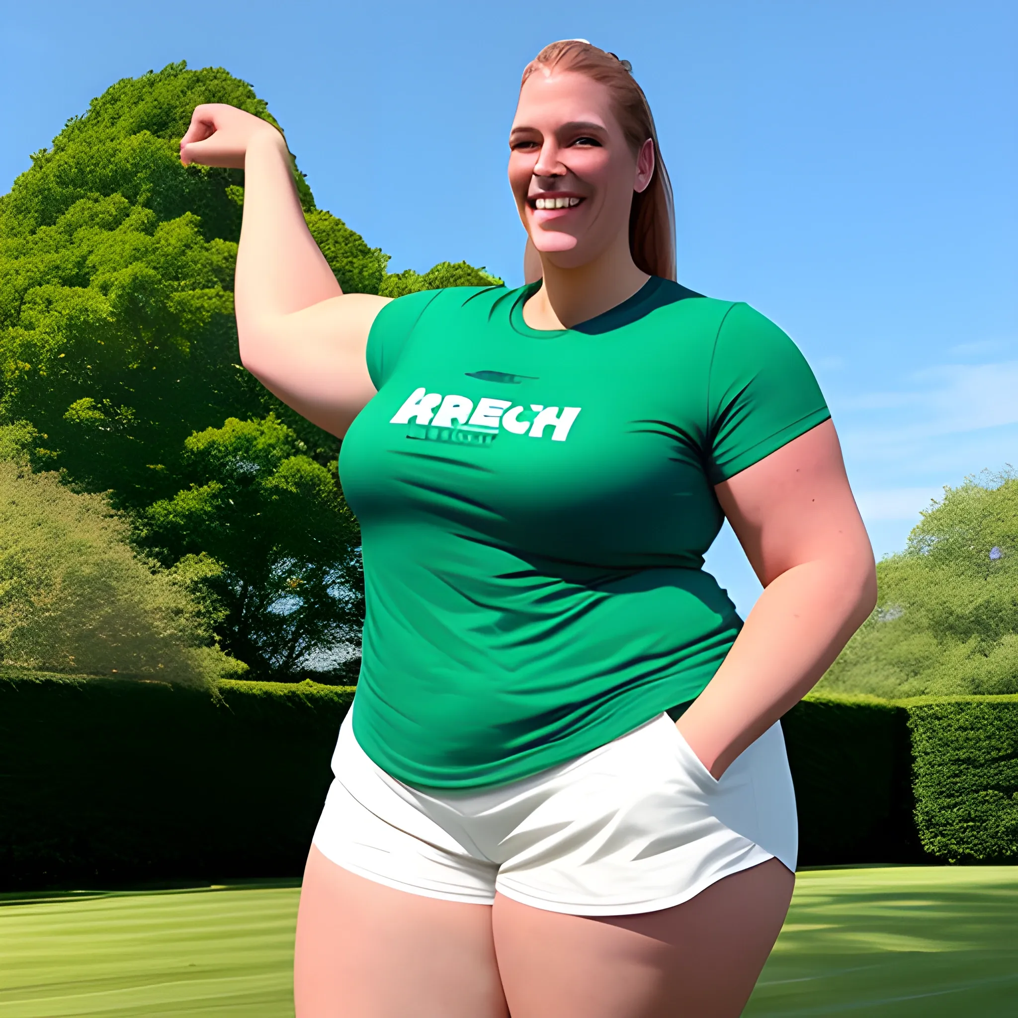 8 ft tall very big, massive and strong gently smiling young latina schoolgirl with small head, broad shoulders and lifted arms in T-shirt and shorts on a green lawn under the blue sky