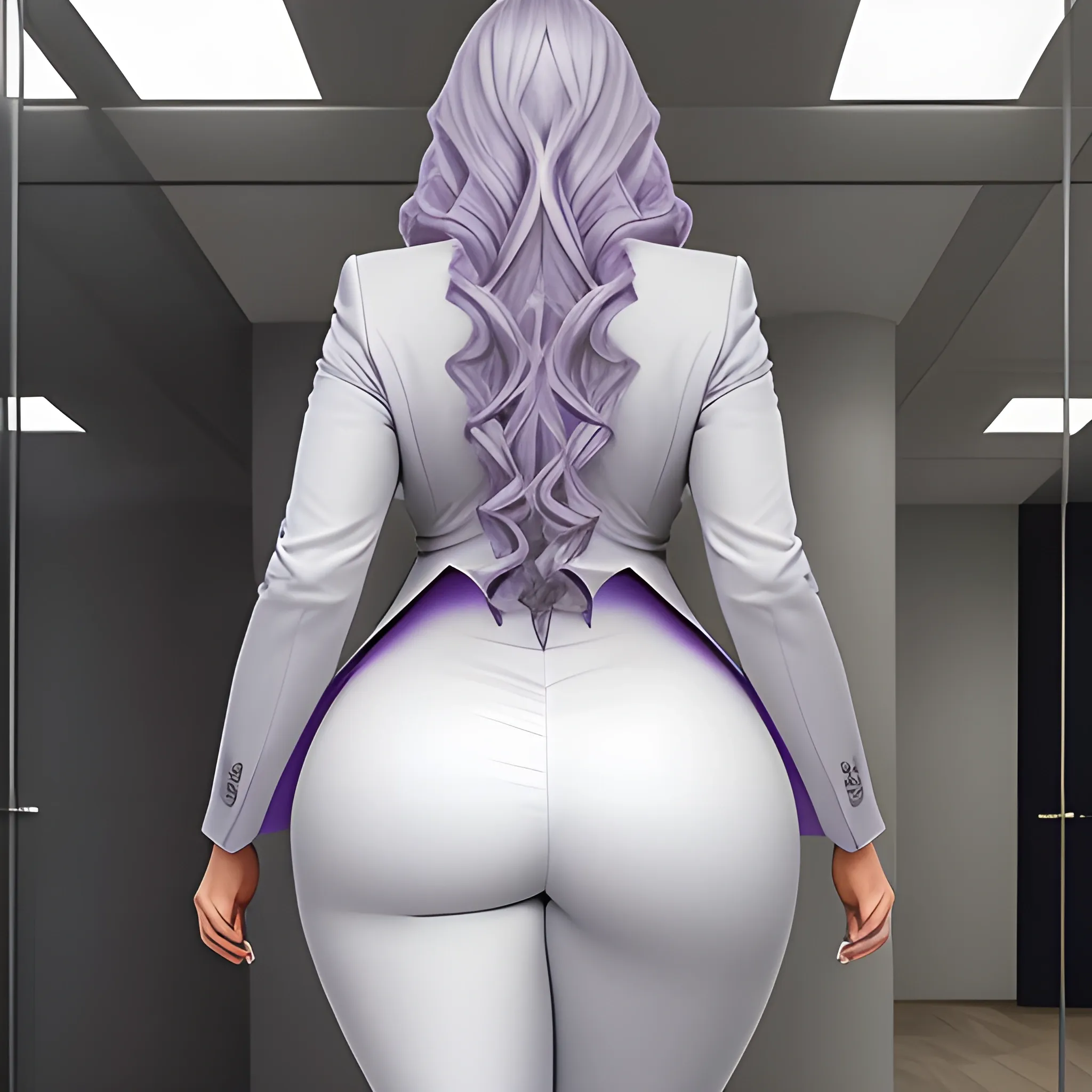 Long wavy silver haired women with lavender accents in a tight fitting business suit coat with giant boobs and huge thick thighs and a massive butt.