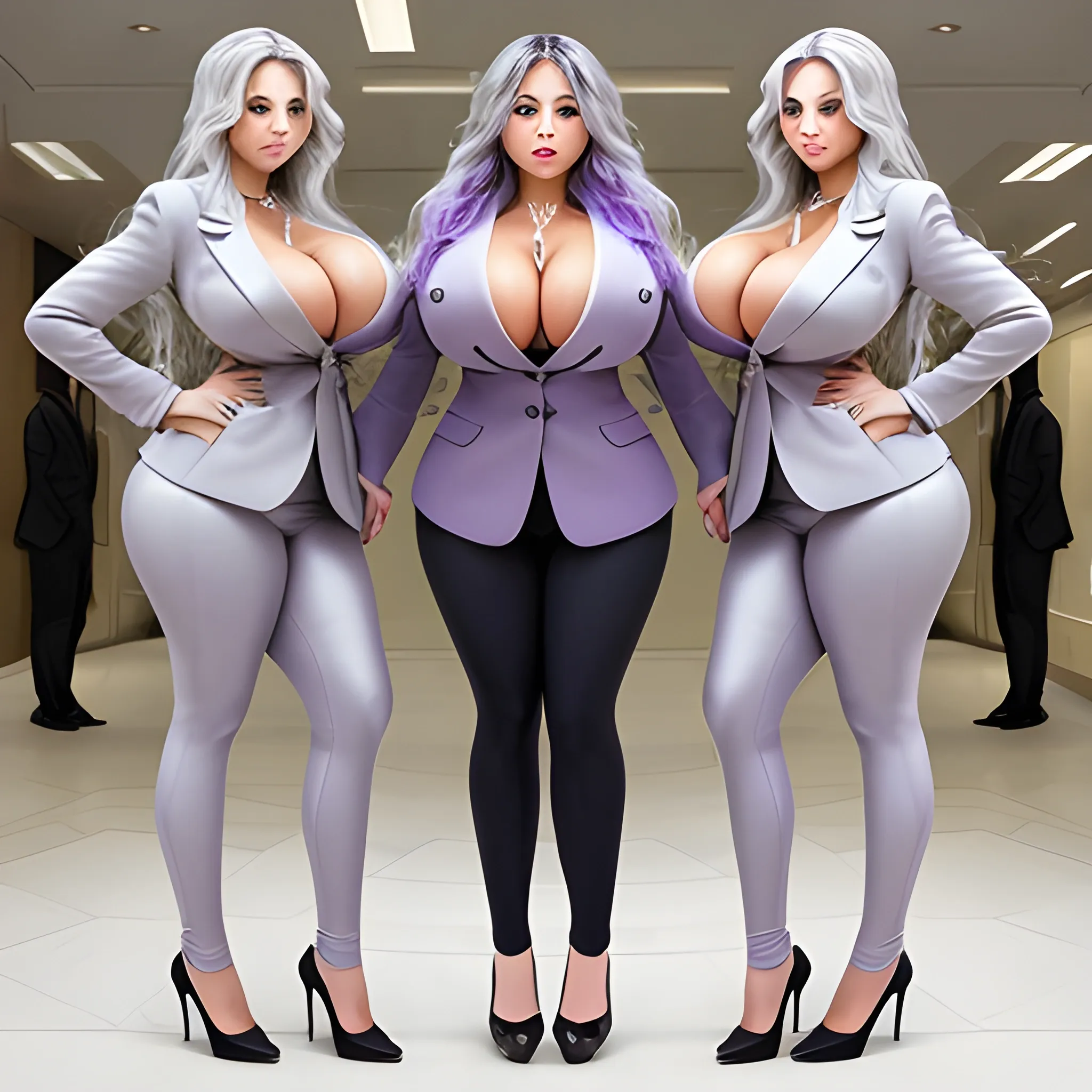 Harem of Long wavy silver haired women with lavender accents in a tight fitting business suit coat with giant boobs and huge thick thighs and a massive butt.