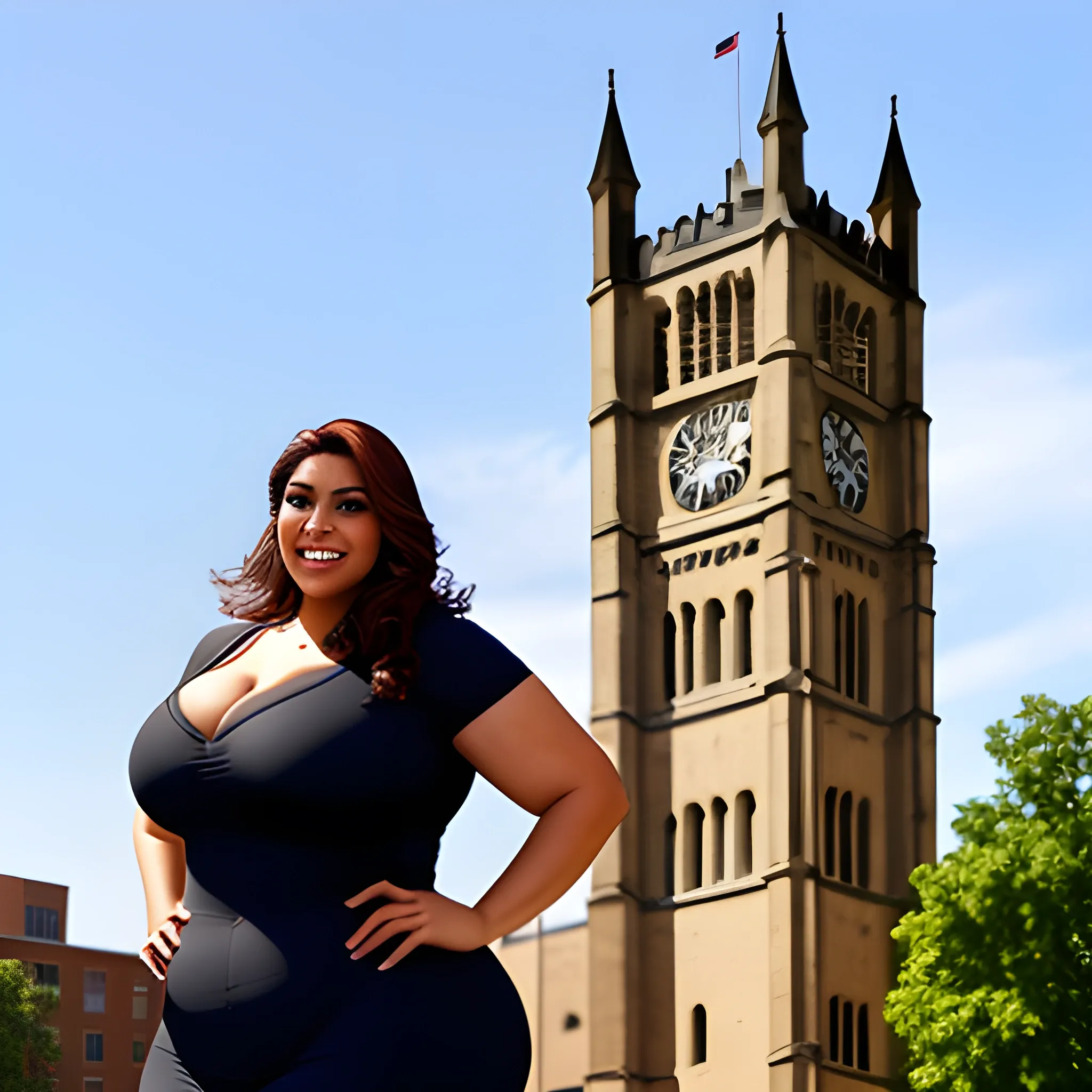 huge and very tall friendly latina plus size girl with small head and broad shoulders on busy schoolyard towerring among other students and teachers