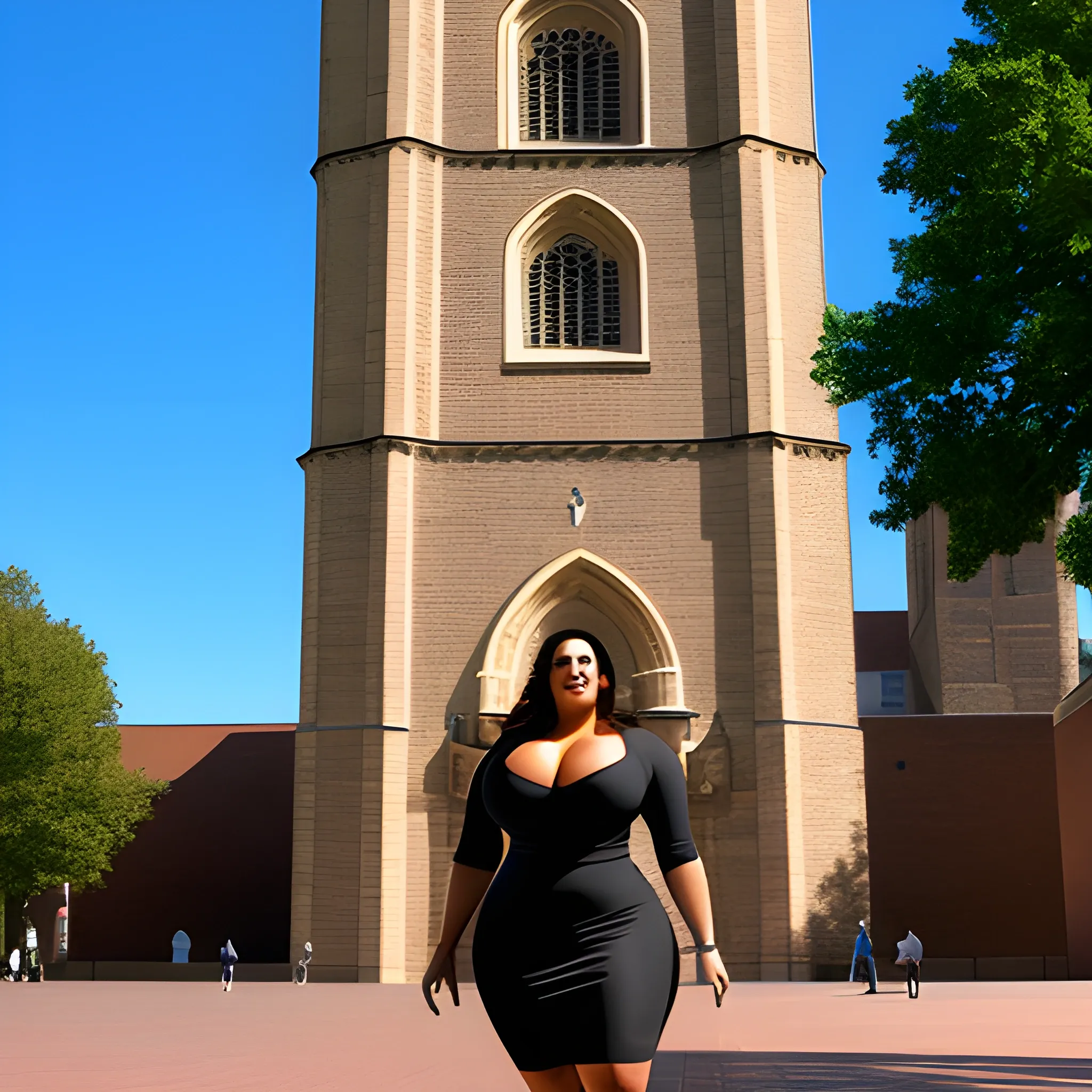 huge and very tall friendly latina plus size girl with small head and broad shoulders on busy schoolyard towerring among other students and teachers