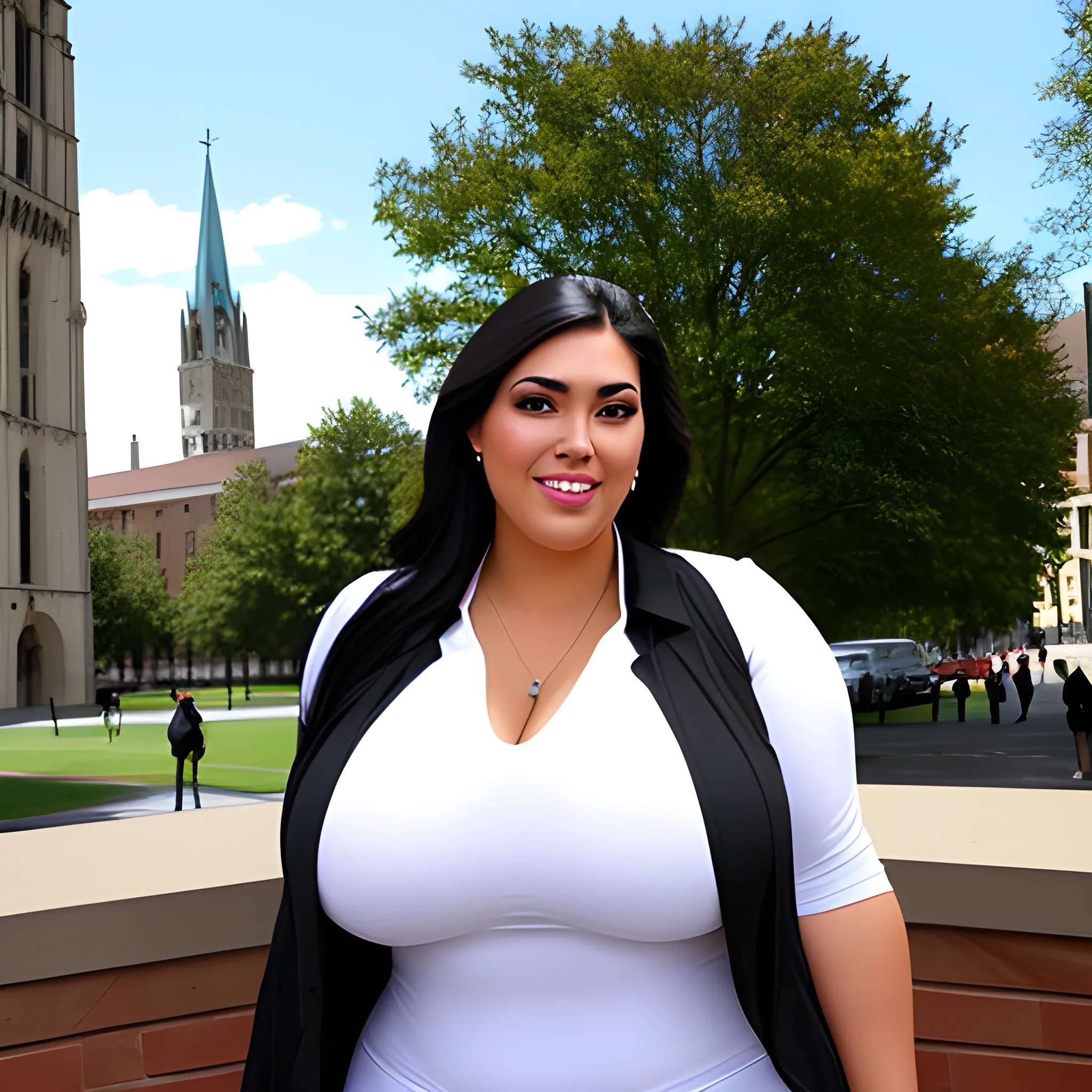 huge and very tall friendly latina plus size girl with small head and broad shoulders on busy schoolyard towerring among other students and teachers