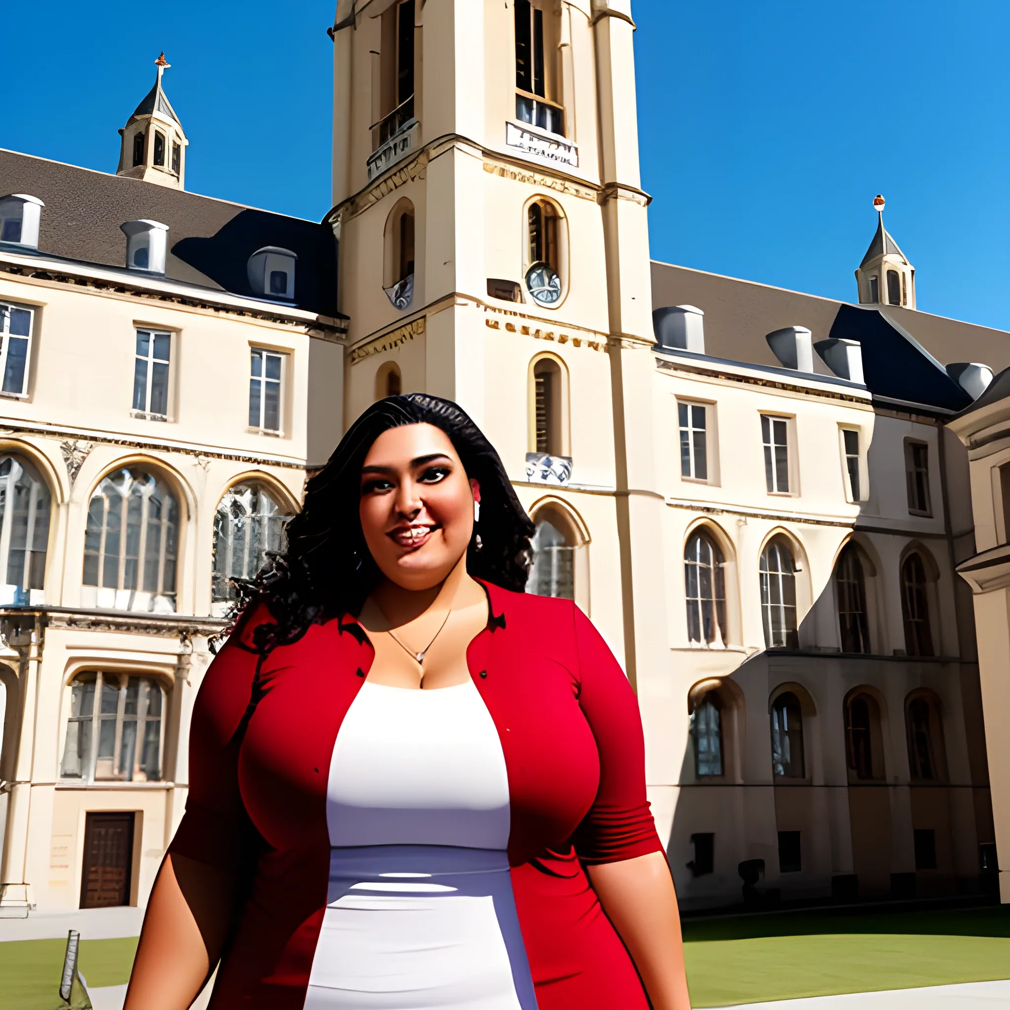 huge and very tall friendly latina plus size girl with small head and broad shoulders on busy schoolyard towerring among other students and teachers