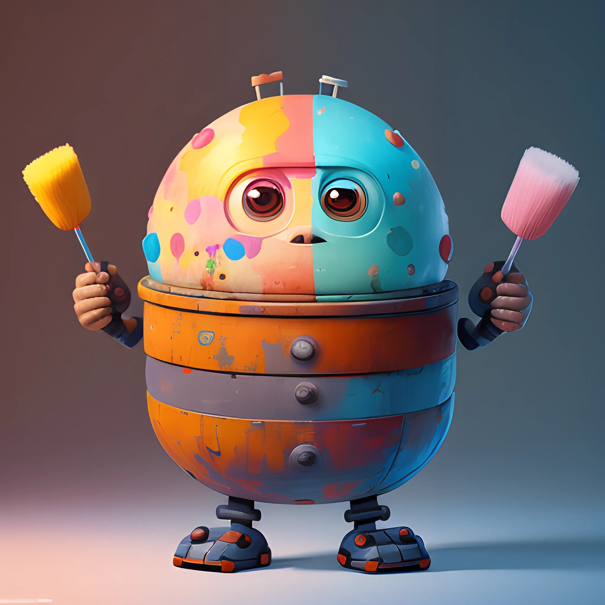 portrait of cute round robot with big paintbrushes as arms, painting a canvas, cute, pixar, photorealism 4 k, octane render, clean design, beautiful light 