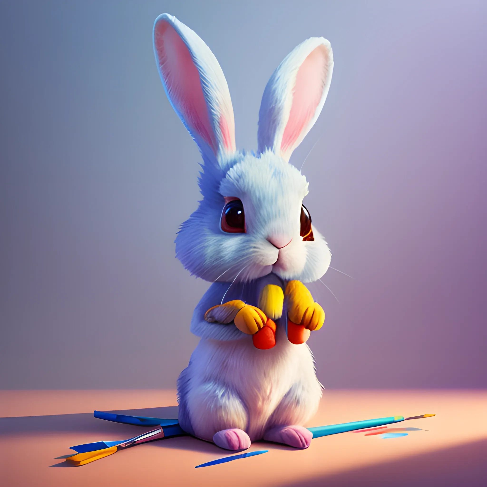 portrait of cute rabbit with big paintbrushes as arms, painting a canvas, cute, pixar, photorealism 4 k, octane render, clean design, beautiful light 