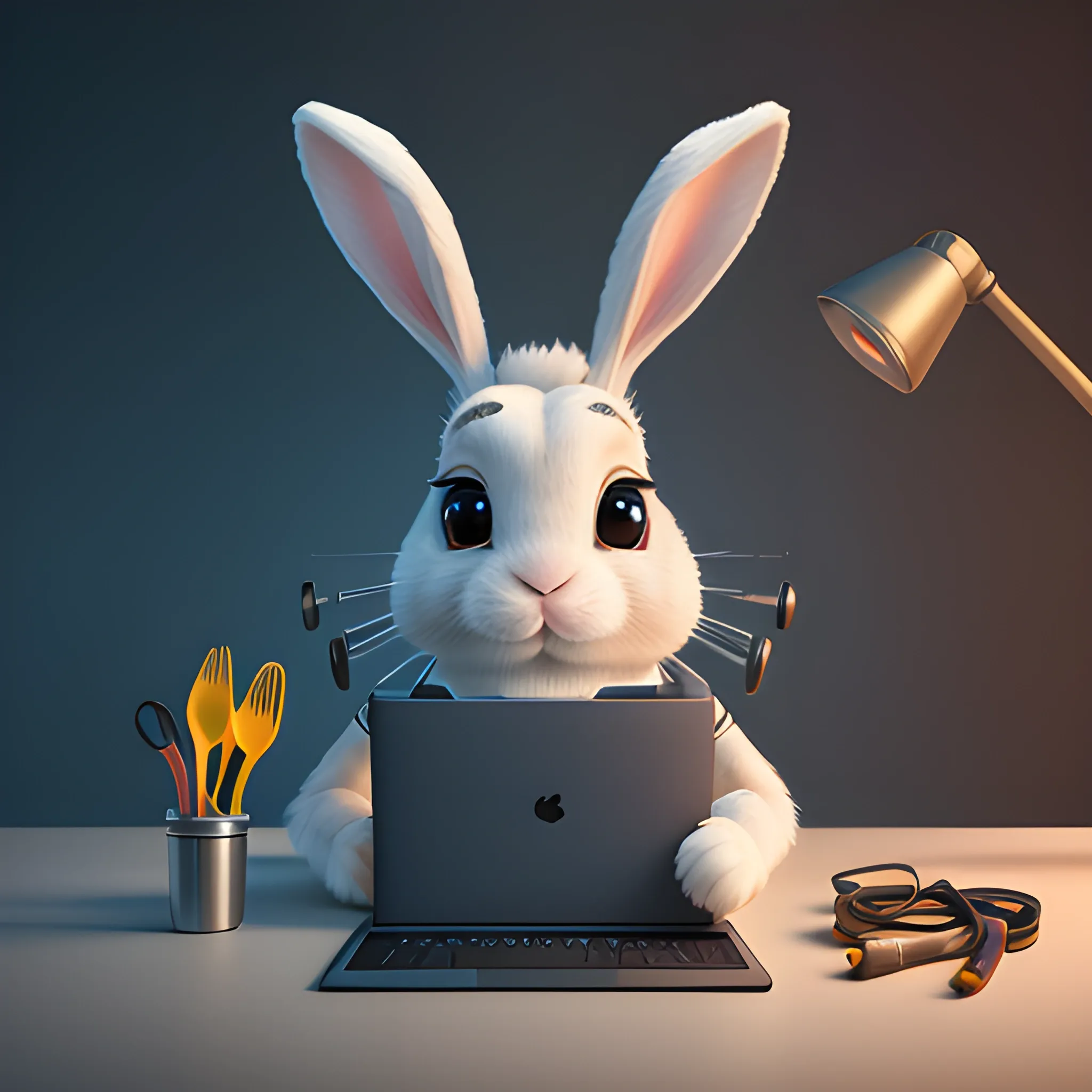 portrait of cute rabbit with big tools as arms, working computer, cute, pixar, photorealism 4 k, octane render, clean design, beautiful light 