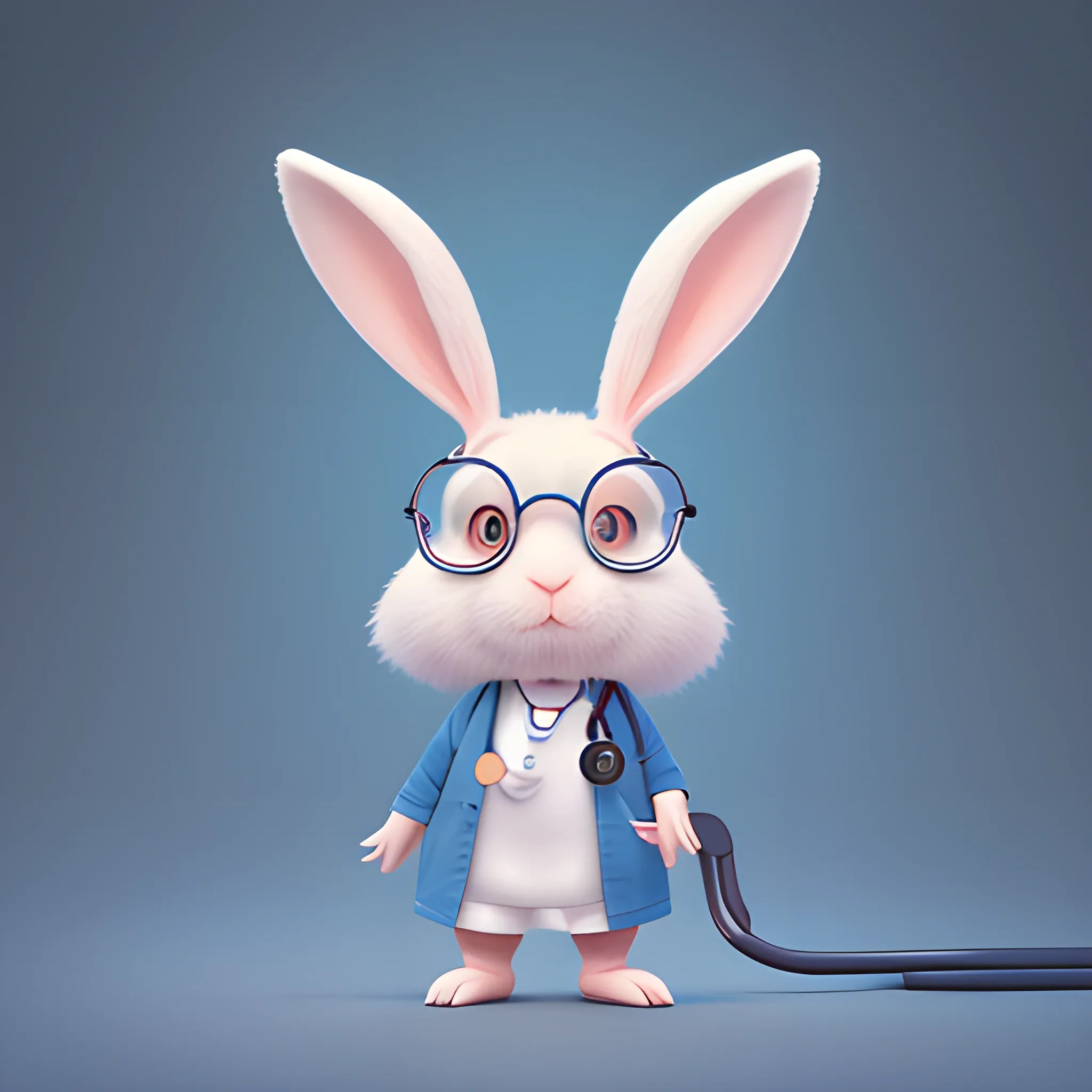 portrait of cute rabbit with handheld stethoscope, work clothes,Ears shaped like lightning cute, pixar, photorealism 4 k, octane render, clean design, beautiful light 