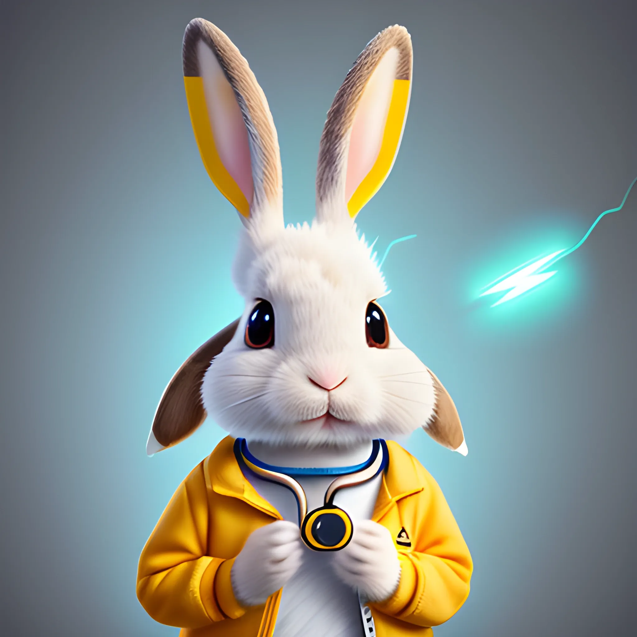 portrait of cute rabbit with handheld stethoscope, work clothes, Ears like Pikachu's tail, lightning, Ears shaped like lightning cute, pixar, photorealism 4k, octane render, clean design, beautiful light 