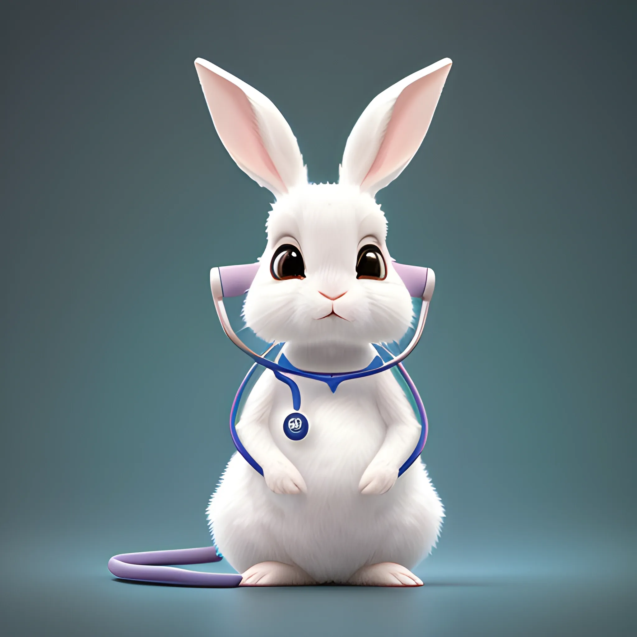 portrait of cute rabbit with handheld stethoscope, work clothes, stethoscope, Ears like lightning, Ears shaped like lightning, cute, pixar, photorealism 4k, octane render, clean design, beautiful light 