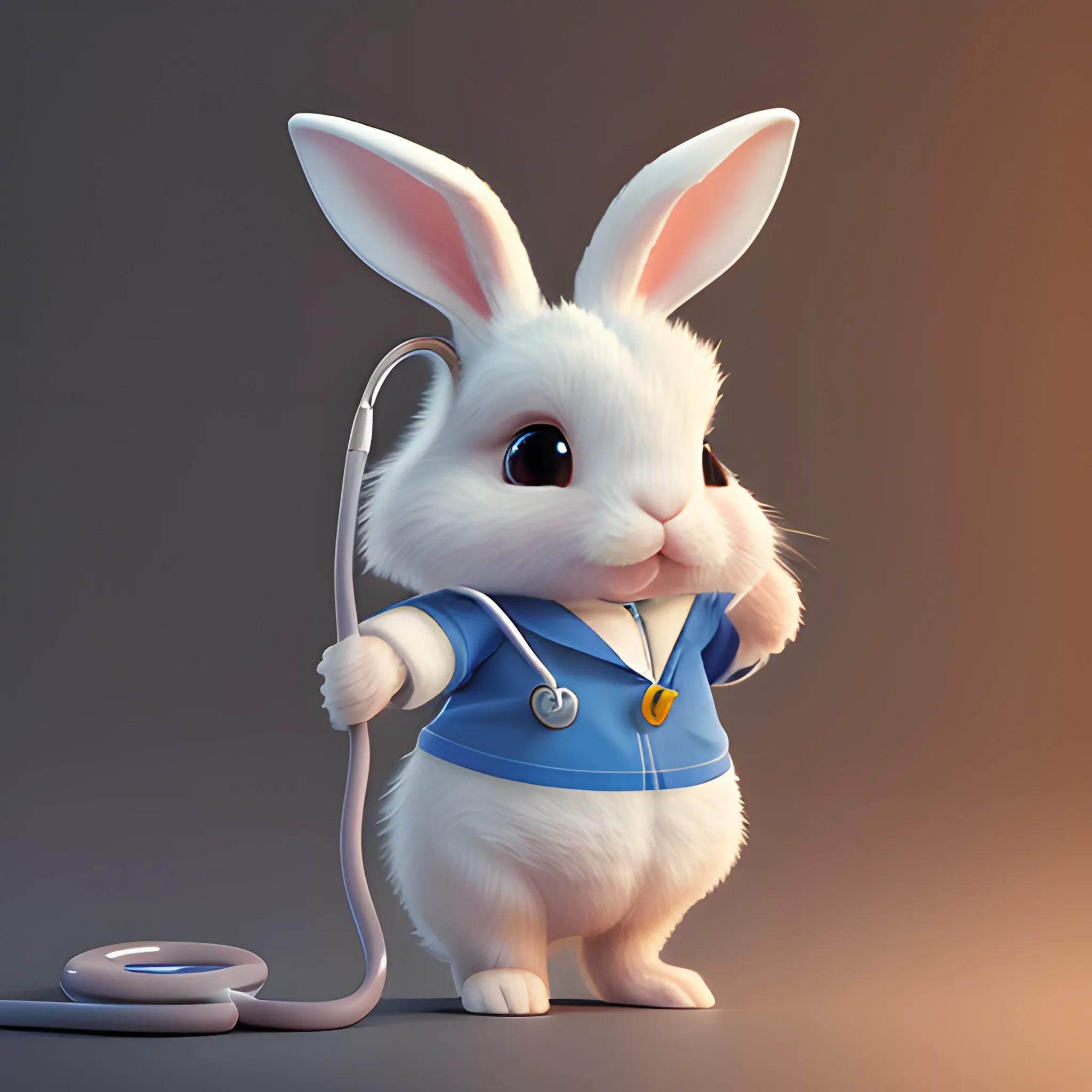 portrait of cute rabbit with handheld stethoscope, work clothes,Ears shaped like lightning cute, pixar, photorealism 4 k, octane render, clean design, beautiful light 