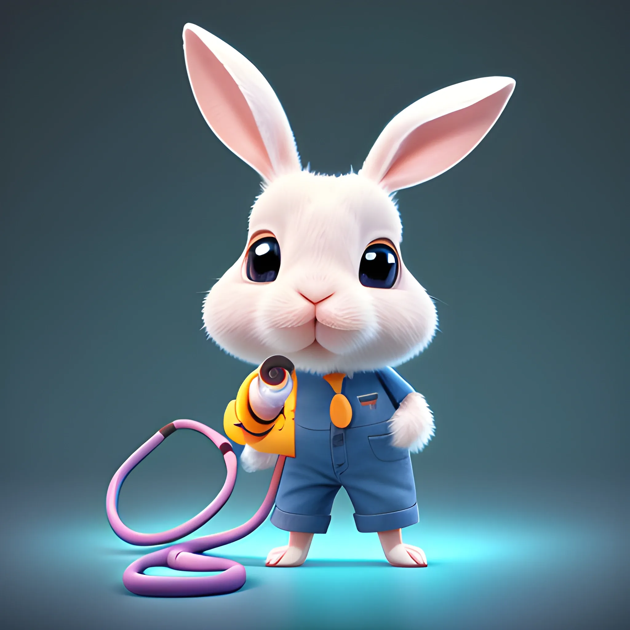 portrait of cute rabbit with handheld stethoscope, work clothes,Ears shaped like lightning cute, pixar, photorealism 4 k, octane render, clean design, beautiful light 