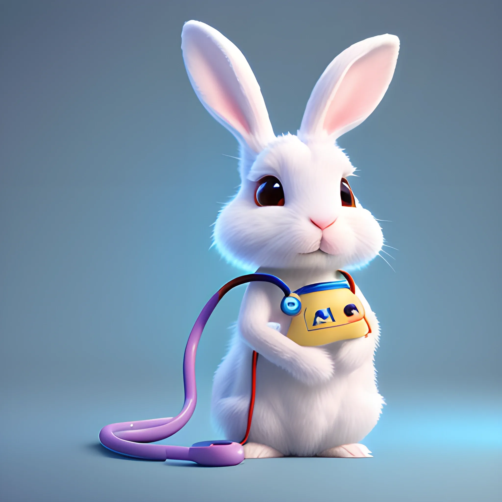 portrait of cute rabbit with handheld stethoscope, work clothes,Ears shaped like lightning cute, pixar, photorealism 4 k, octane render, clean design, beautiful light 