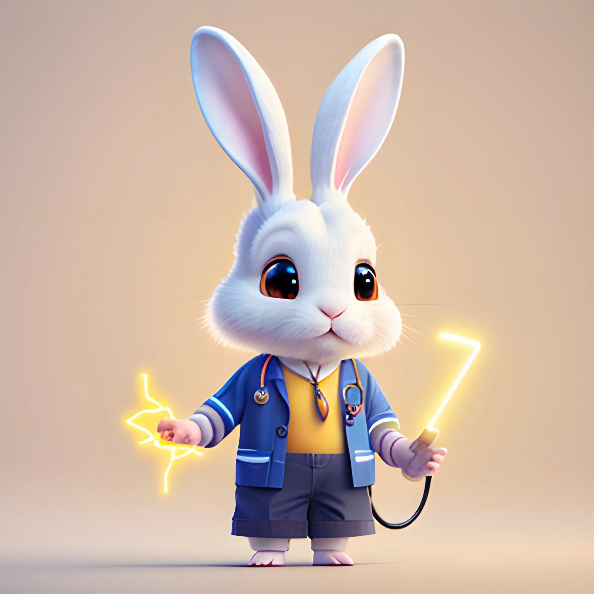 portrait of cute rabbit with handheld stethoscope, work clothes,Ears shaped like lightning cute, pixar, photorealism 4 k, octane render, clean design, beautiful light 