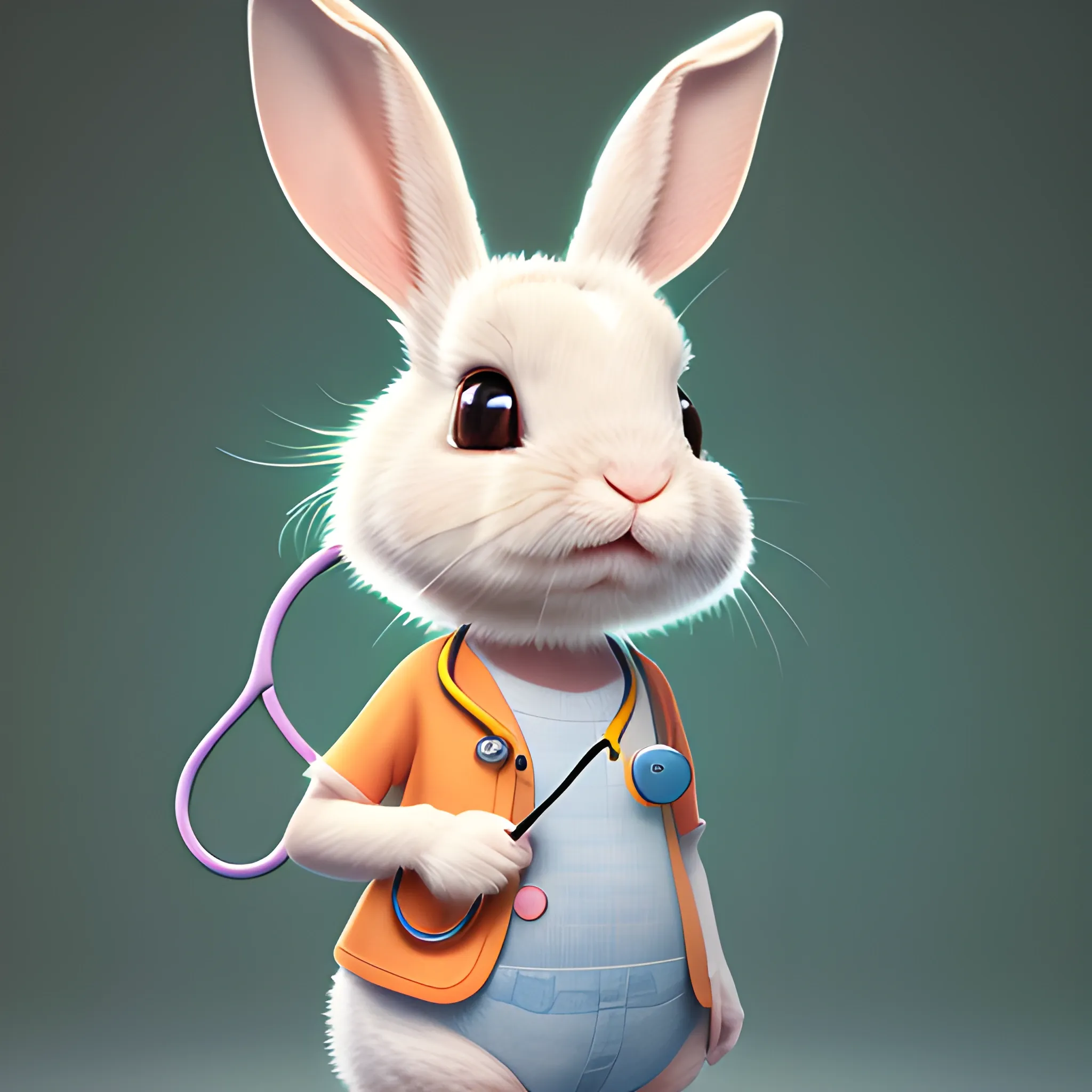 portrait of cute rabbit with handheld stethoscope, work clothes,Ears shaped like lightning cute, pixar, photorealism 4 k, octane render, clean design, beautiful light 