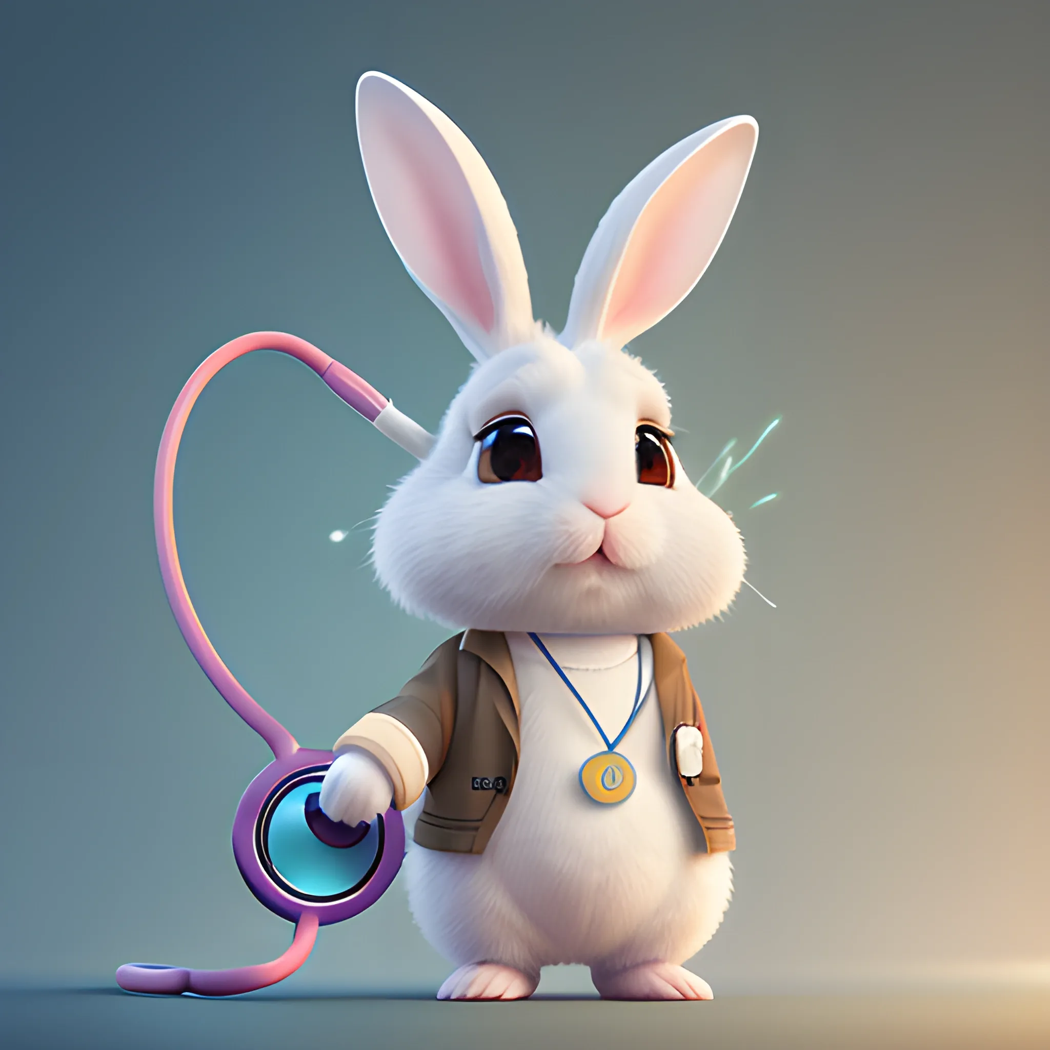 portrait of cute rabbit with handheld stethoscope, work clothes,Ears shaped like lightning cute, pixar, photorealism 4 k, octane render, clean design, beautiful light 