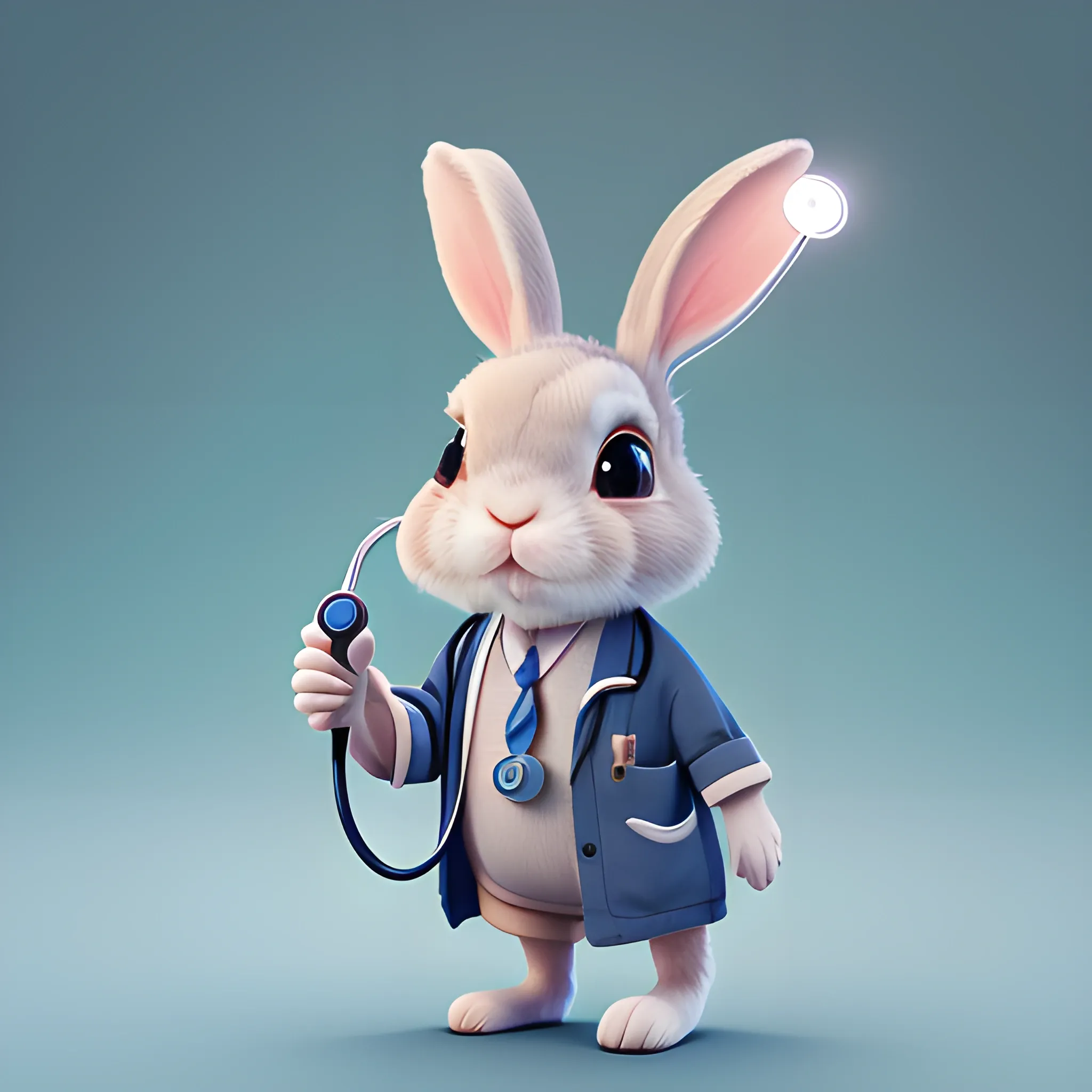 portrait of cute rabbit with handheld stethoscope, work clothes,Ears shaped like lightning cute, pixar, photorealism 4 k, octane render, clean design, beautiful light 