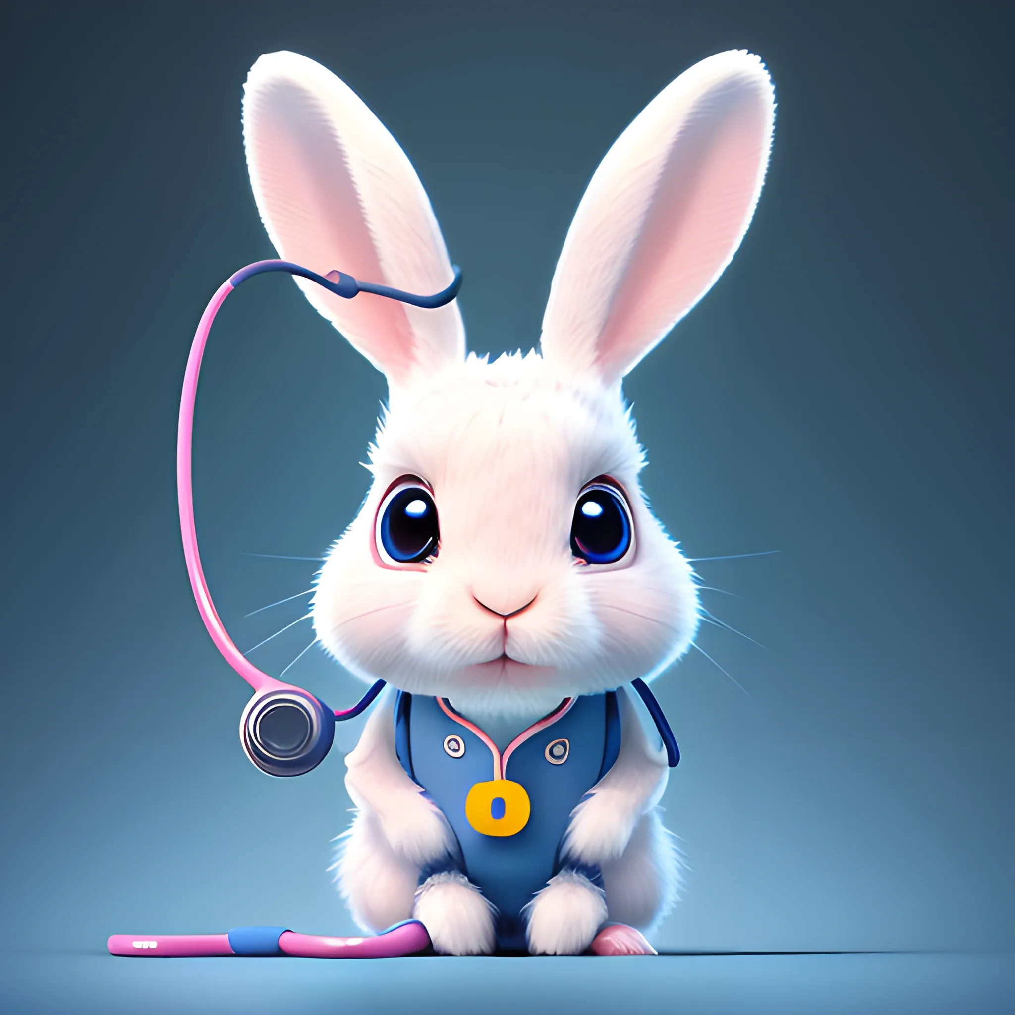 portrait of cute rabbit with handheld stethoscope, work clothes,Ears shaped like lightning cute, pixar, photorealism 4 k, octane render, clean design, beautiful light 