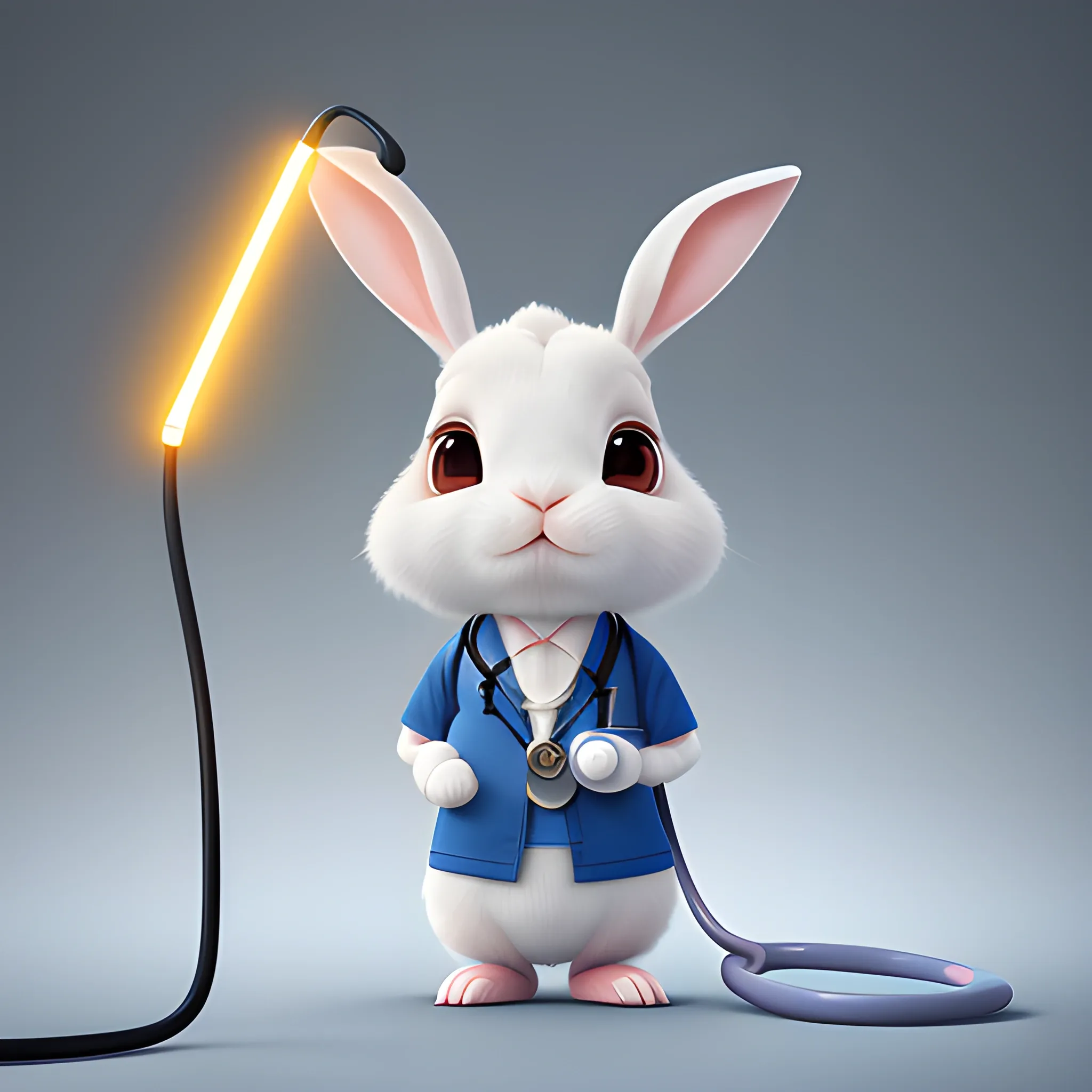 portrait of cute rabbit with handheld stethoscope, work clothes,Ears shaped like lightning cute, pixar, photorealism 4 k, octane render, clean design, beautiful light 