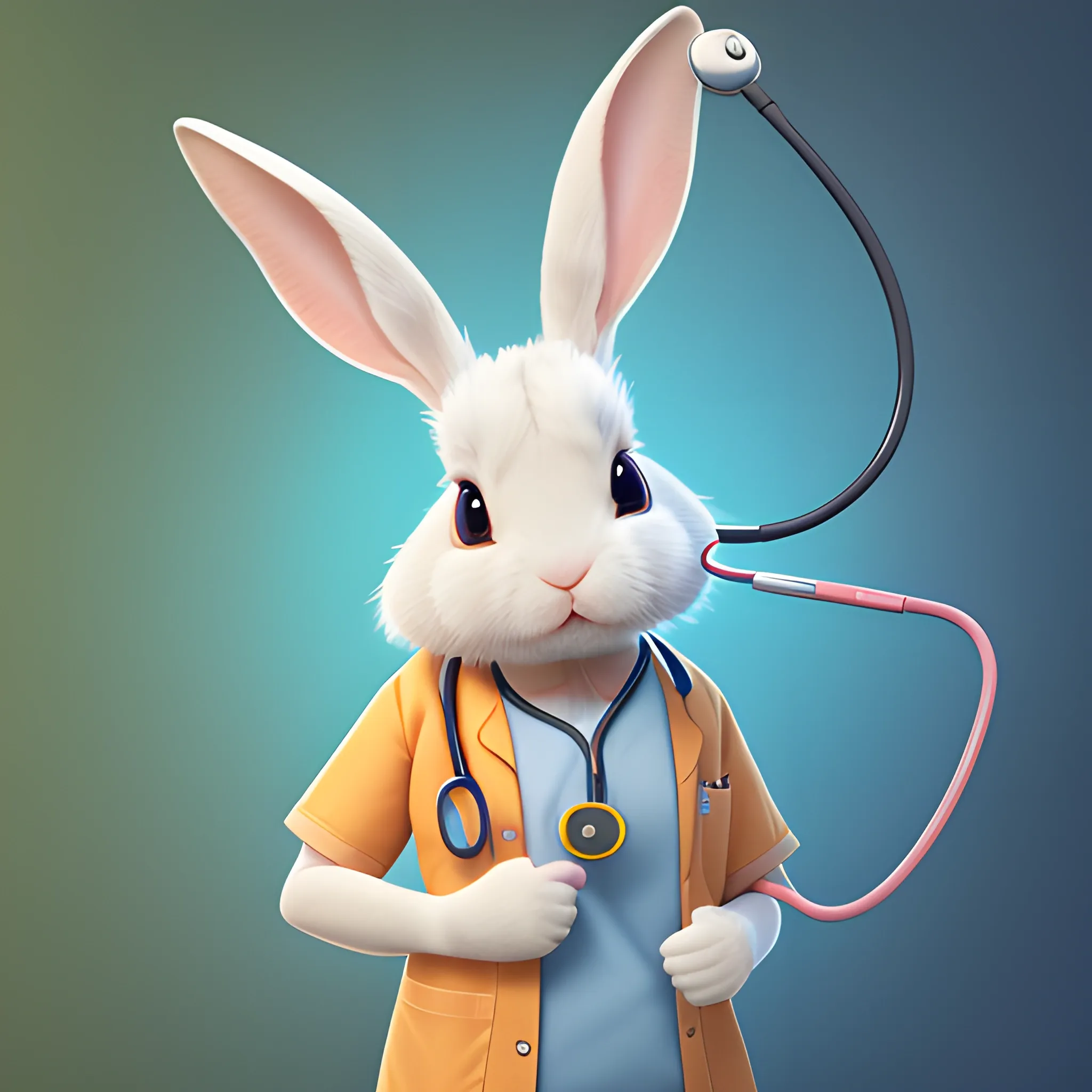 portrait of cute rabbit with handheld stethoscope, work clothes,Ears shaped like lightning cute, pixar, photorealism 4 k, octane render, clean design, beautiful light 