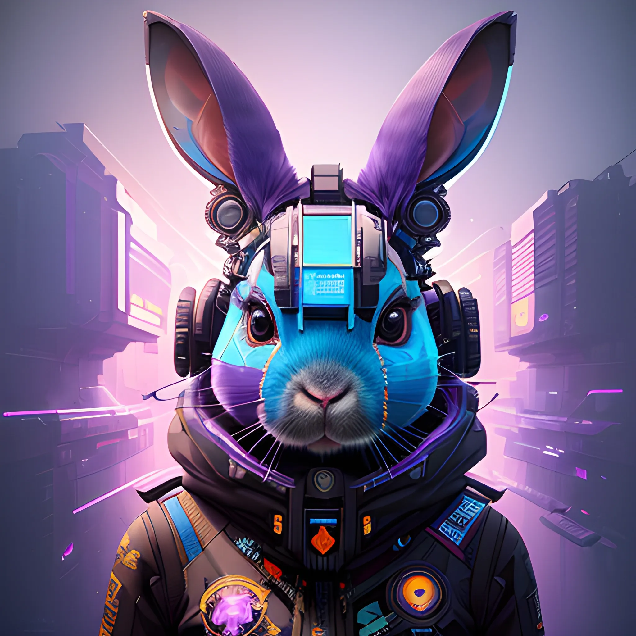 a beautiful portrait of a cute cyberpunk rabbit by sandra chevrier and greg rutkowski and wlop, toolbox, purple blue color scheme, high key lighting, volumetric light, digital art, highly detailed, fine detail, intricate, ornate, complex, octane render, unreal engine, photorealistic 