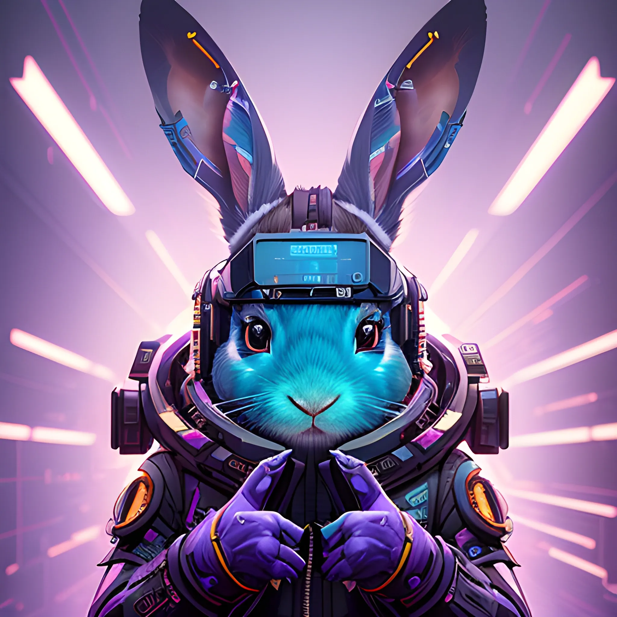 a beautiful portrait of a cute cyberpunk rabbit by sandra chevrier and greg rutkowski and wlop, toolbox, purple blue color scheme, high key lighting, volumetric light, digital art, highly detailed, fine detail, intricate, ornate, complex, octane render, unreal engine, photorealistic 