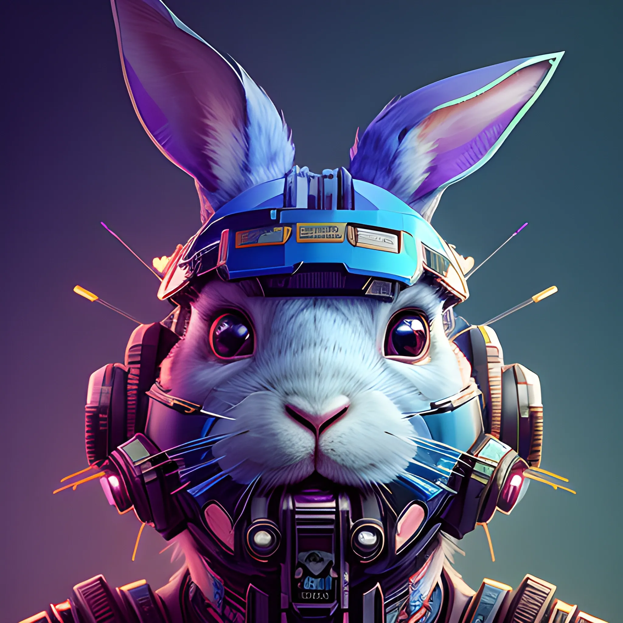 a beautiful portrait of a cute cyberpunk rabbit by sandra chevrier and greg rutkowski and wlop, toolbox, joystick,  purple blue color scheme, high key lighting, volumetric light, digital art, highly detailed, fine detail, intricate, ornate, complex, octane render, unreal engine, photorealistic 