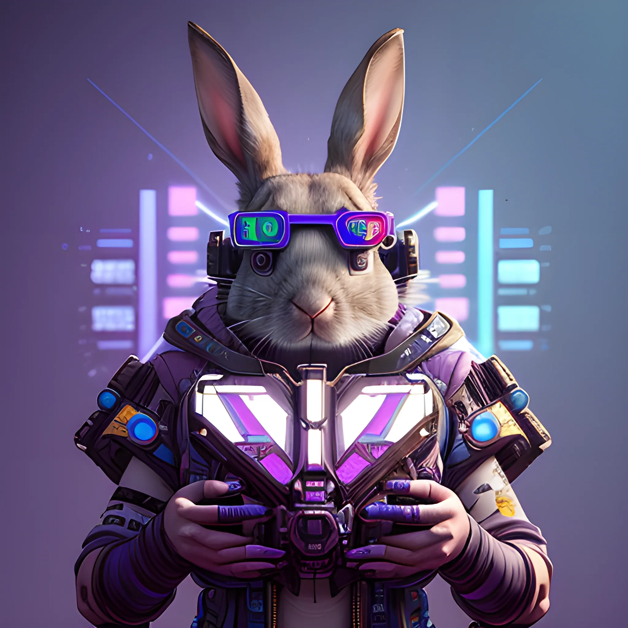 a beautiful portrait of a cute cyberpunk rabbit by sandra chevrier and greg rutkowski and wlop, toolbox, joystick,  purple blue color scheme, high key lighting, volumetric light, digital art, highly detailed, fine detail, intricate, ornate, complex, octane render, unreal engine, photorealistic 