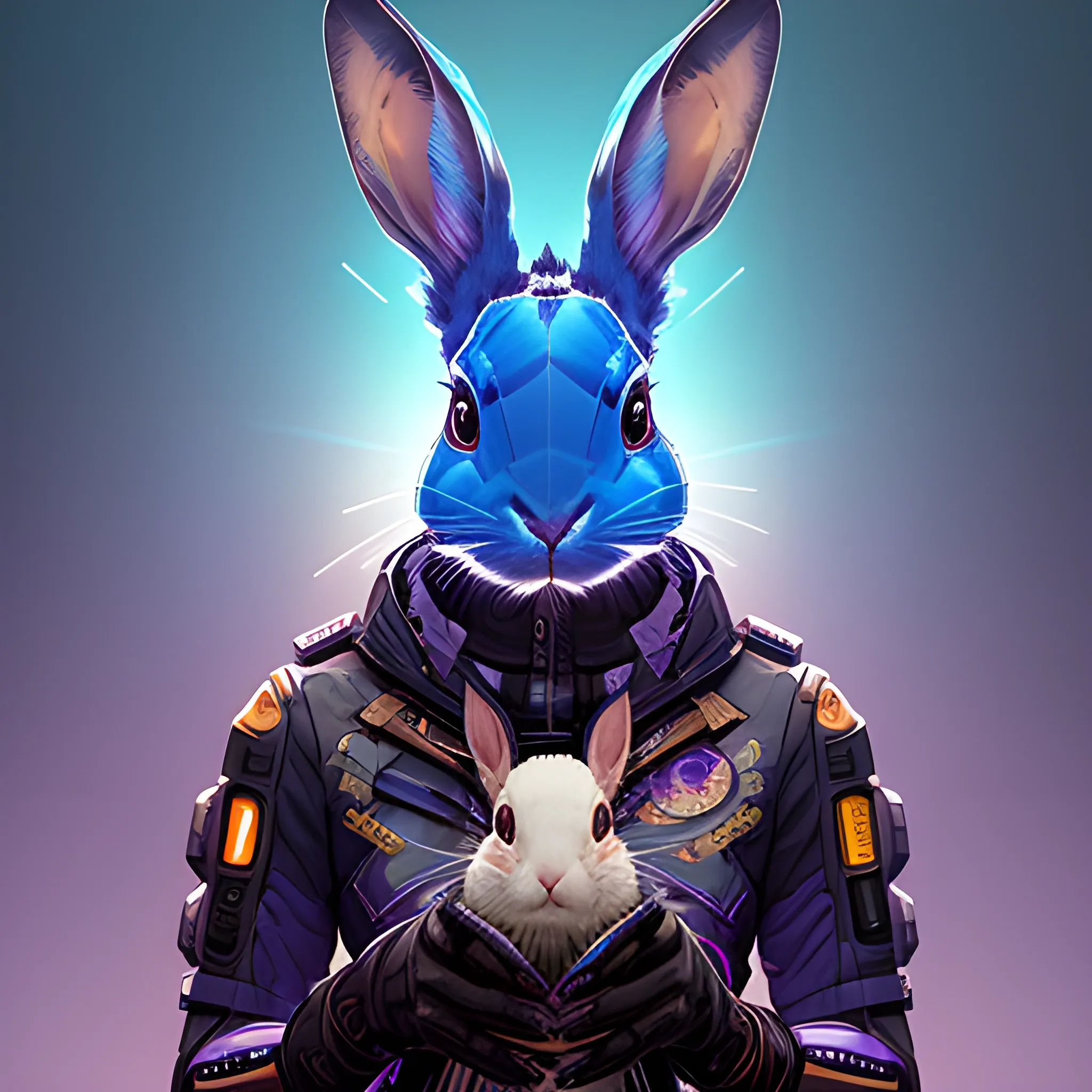 a beautiful portrait of a cute cyberpunk rabbit by sandra chevrier and greg rutkowski and wlop, purple blue color scheme, high key lighting, volumetric light, digital art, highly detailed, fine detail, intricate, ornate, complex, octane render, unreal engine, photorealistic 