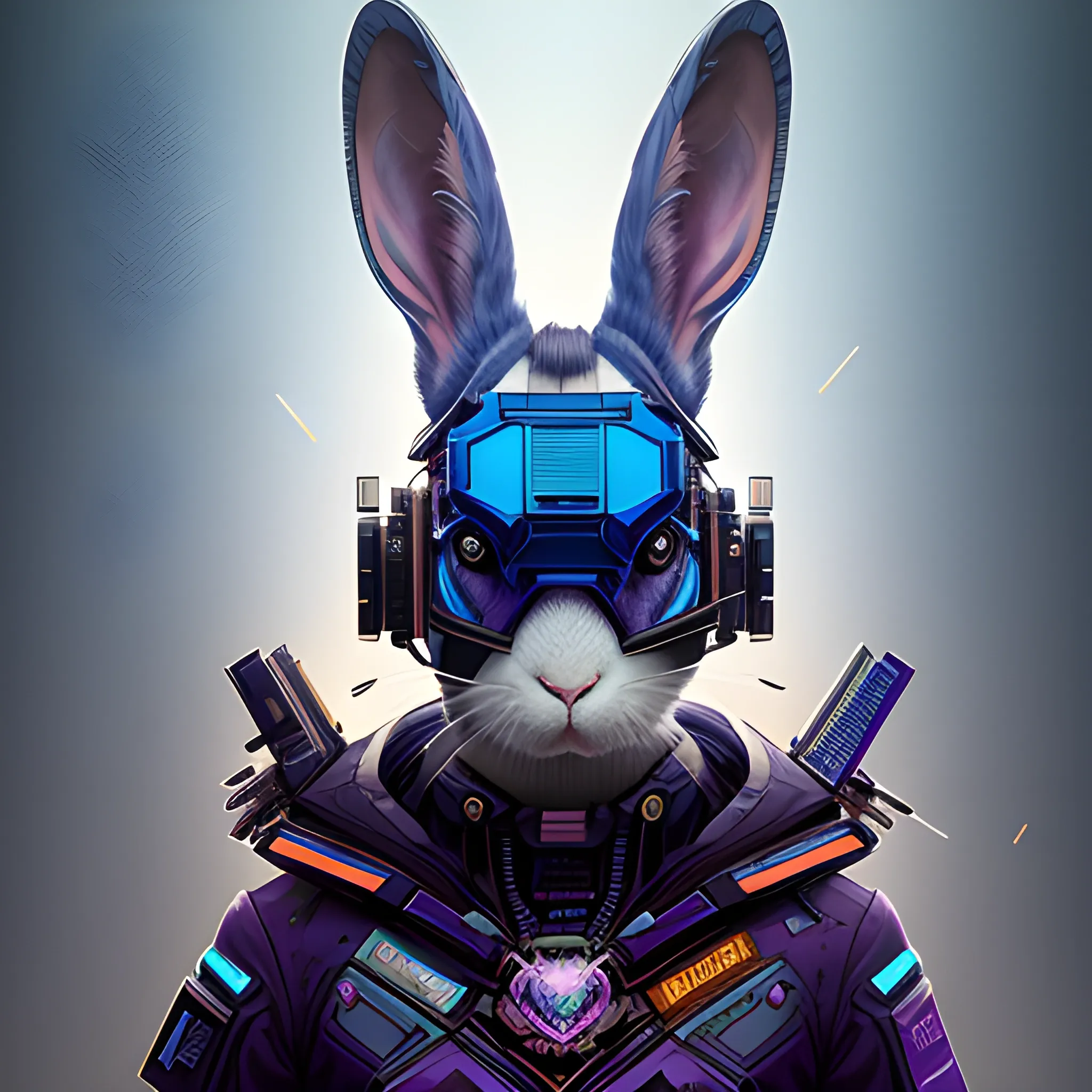 a beautiful portrait of a cute cyberpunk rabbit by sandra chevrier and greg rutkowski and wlop, purple blue color scheme, high key lighting, volumetric light, digital art, highly detailed, fine detail, intricate, ornate, complex, octane render, unreal engine, photorealistic 